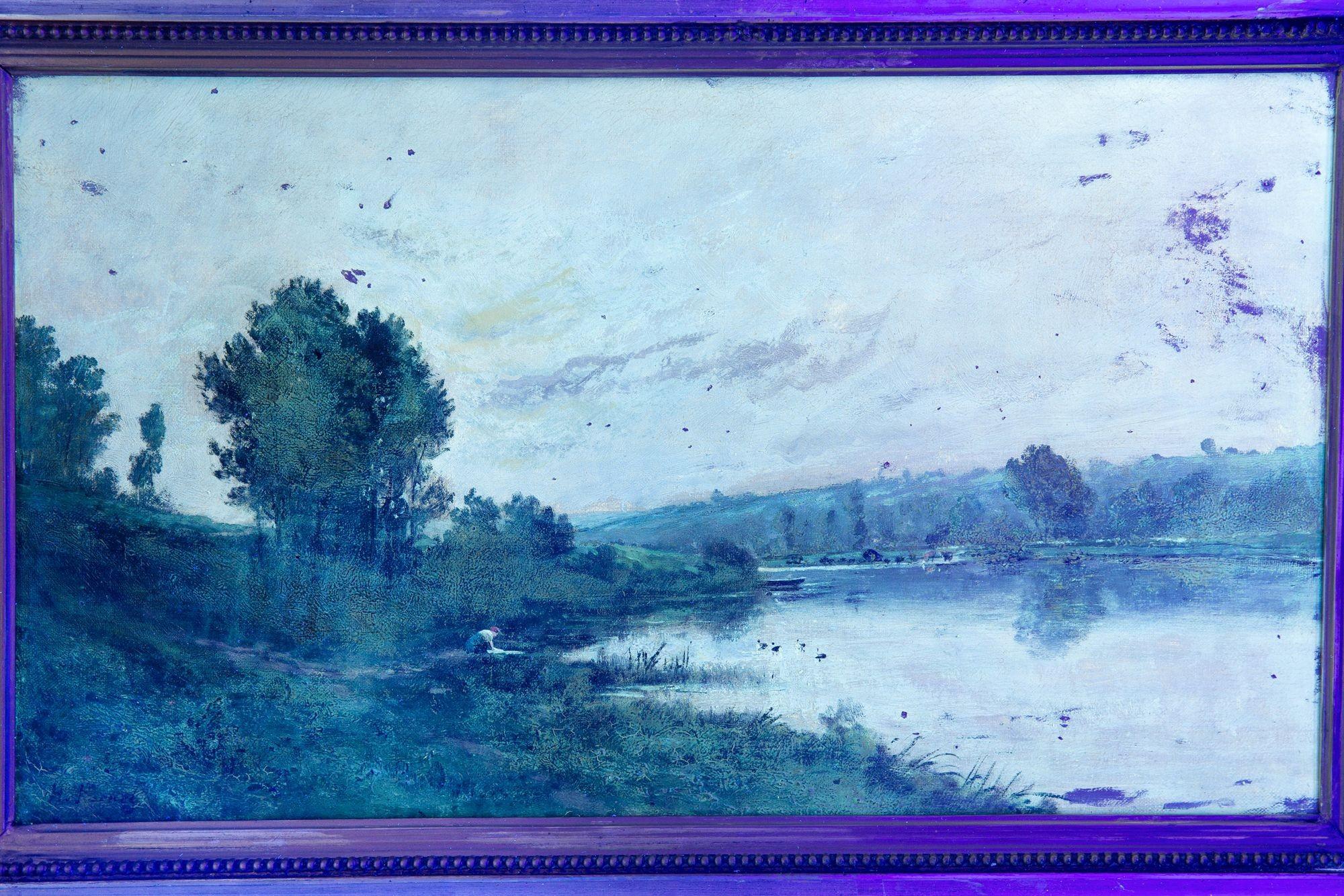 Peinture à l'huile ancienne d'un paysage de soirée de Barbizon par Henri Perret en vente 2