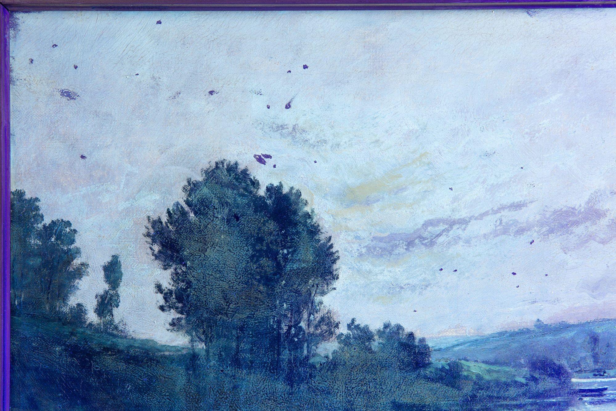 Peinture à l'huile ancienne d'un paysage de soirée de Barbizon par Henri Perret en vente 3