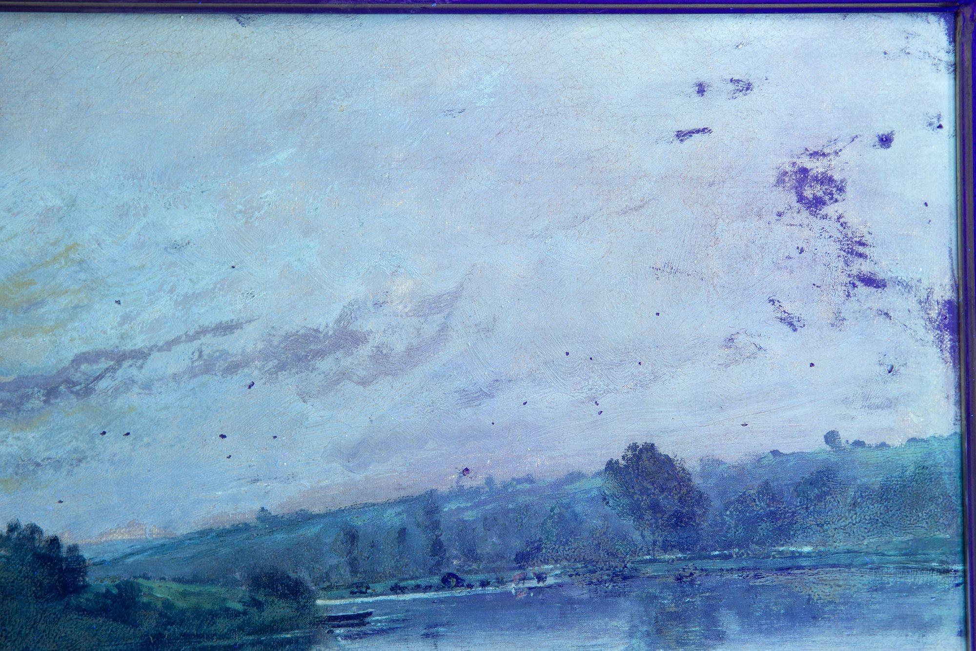 Peinture à l'huile ancienne d'un paysage de soirée de Barbizon par Henri Perret en vente 4