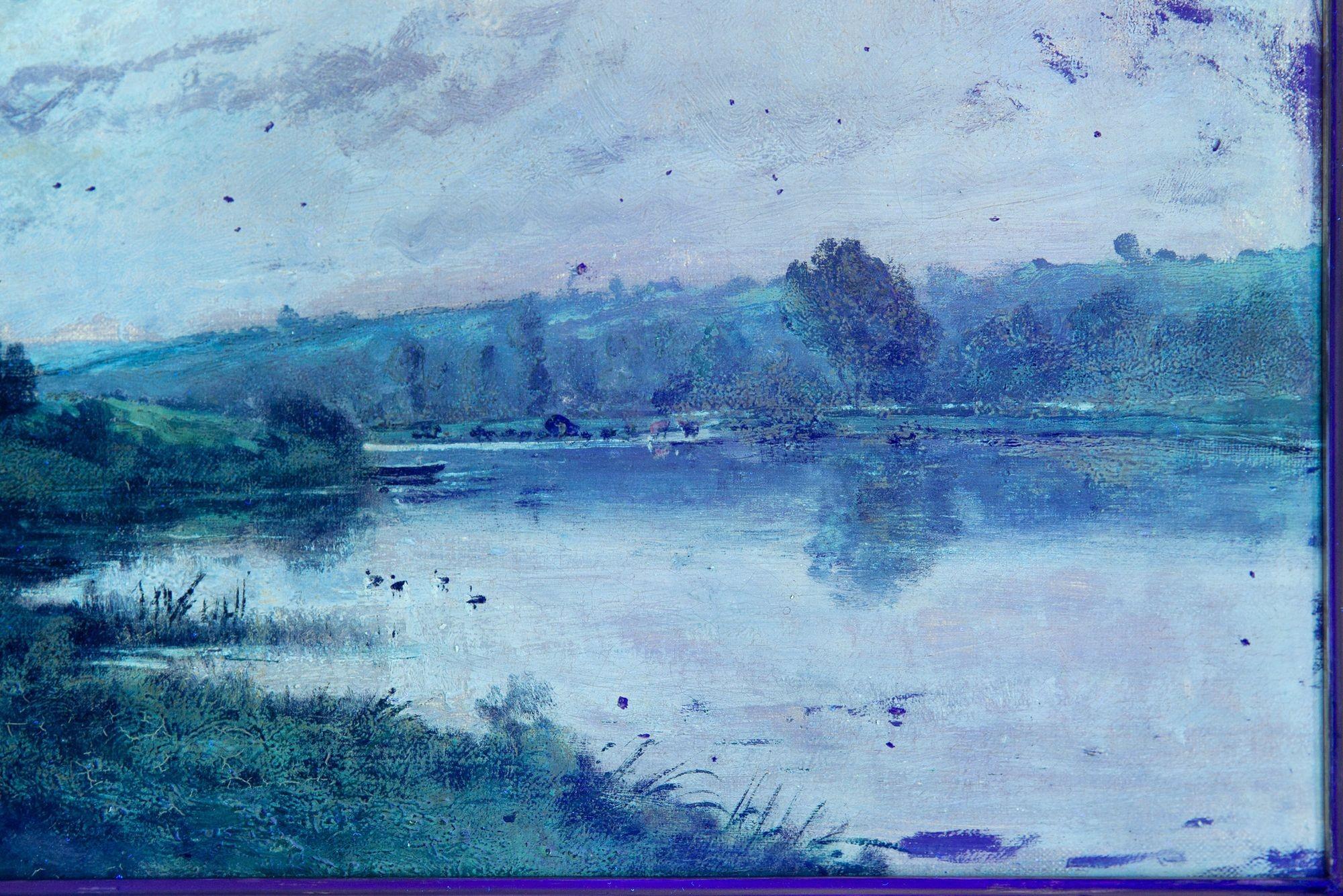 Peinture à l'huile ancienne d'un paysage de soirée de Barbizon par Henri Perret en vente 5