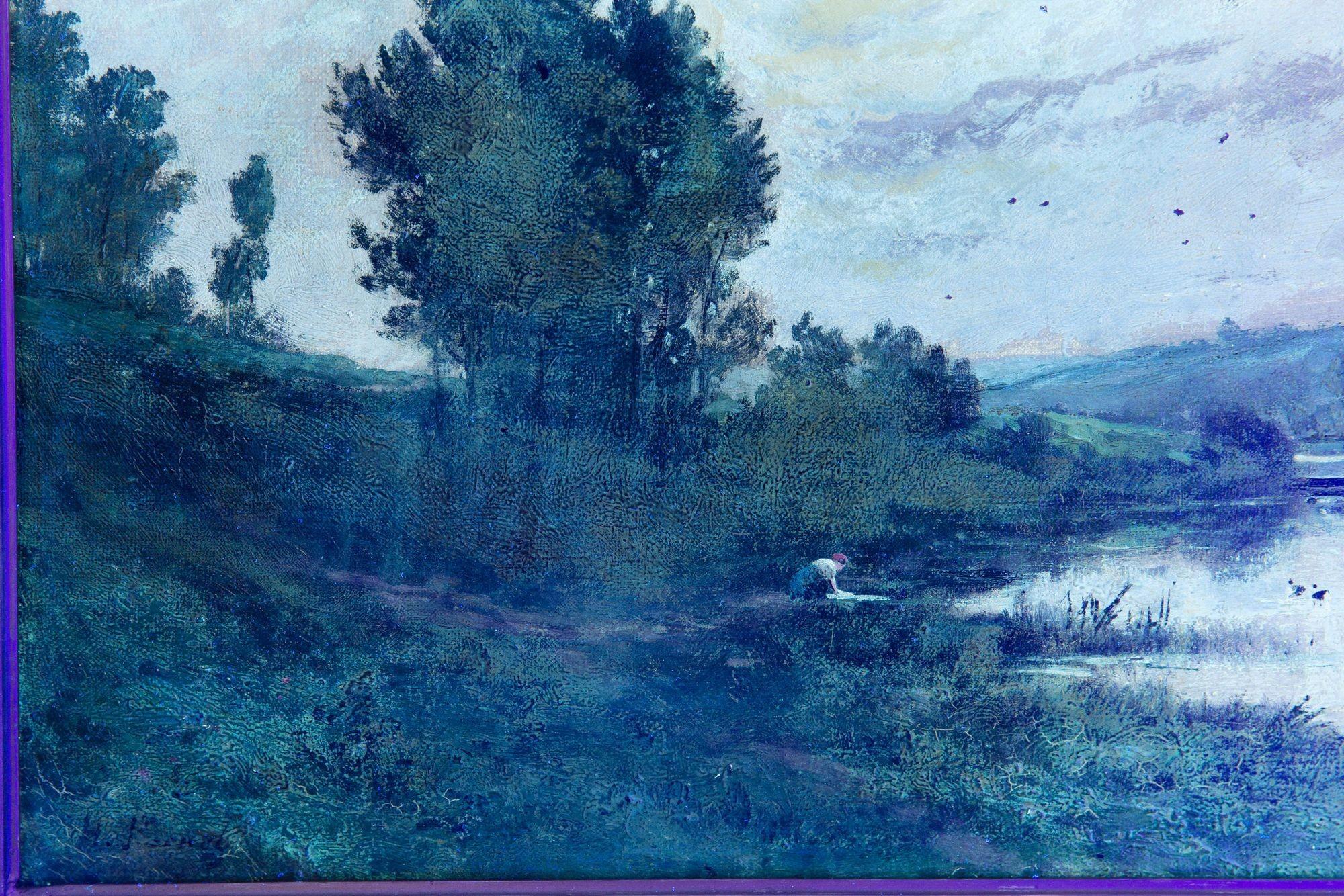 Peinture à l'huile ancienne d'un paysage de soirée de Barbizon par Henri Perret en vente 6