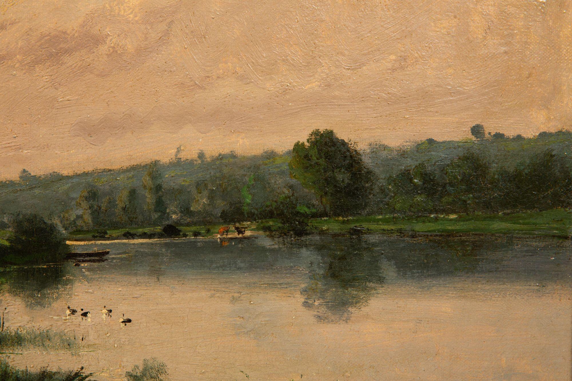 Peinture à l'huile ancienne d'un paysage de soirée de Barbizon par Henri Perret en vente 7