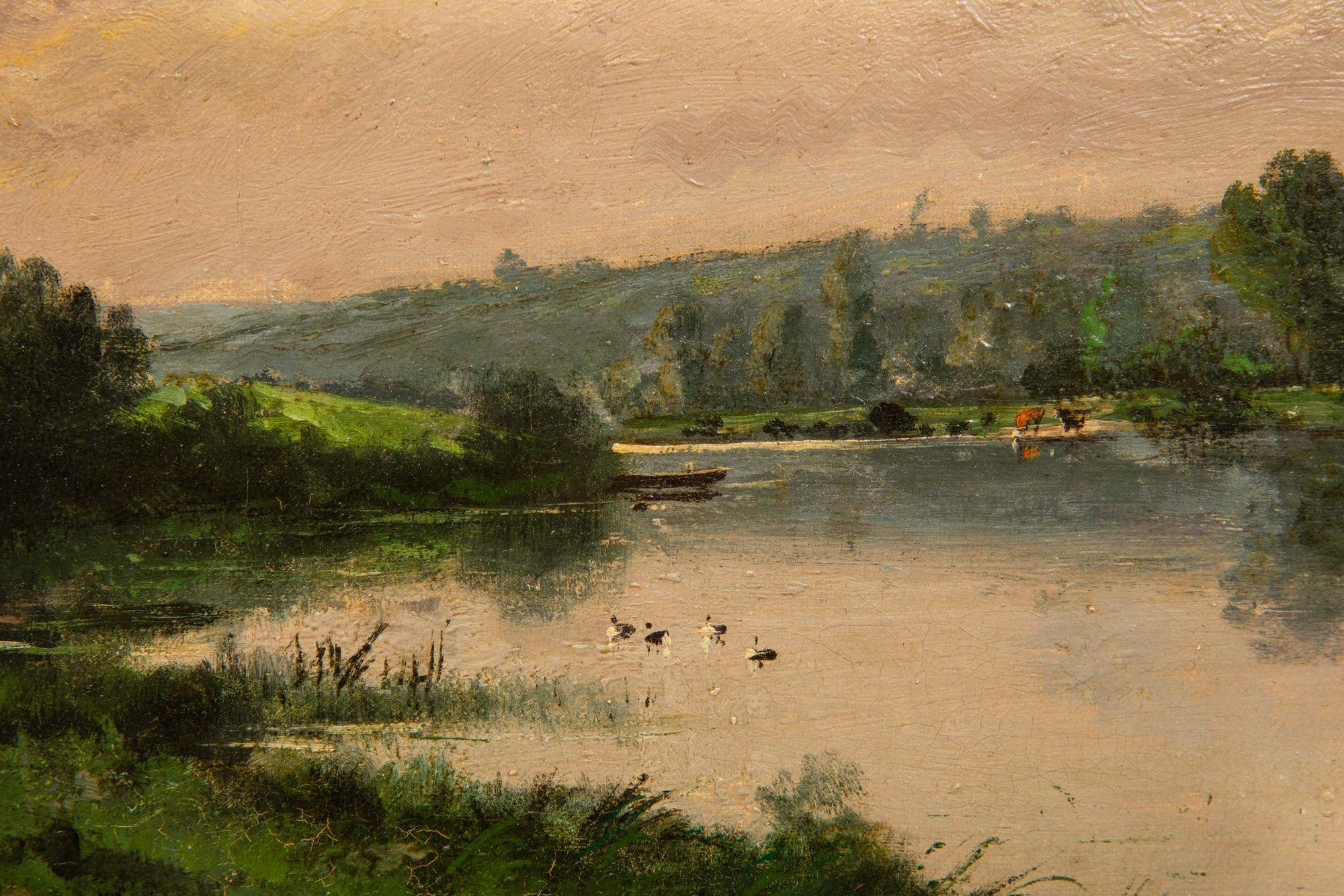 Peinture à l'huile ancienne d'un paysage de soirée de Barbizon par Henri Perret en vente 9