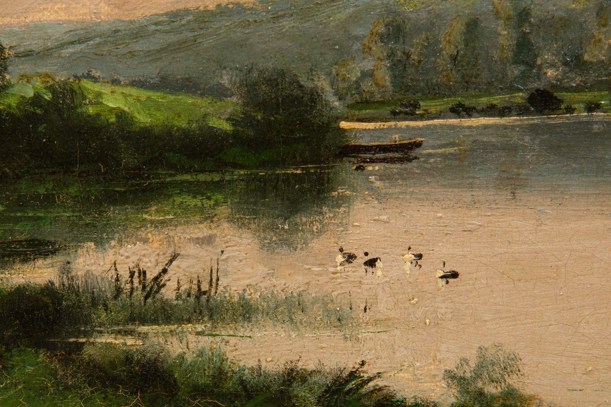 Peinture à l'huile ancienne d'un paysage de soirée de Barbizon par Henri Perret en vente 10