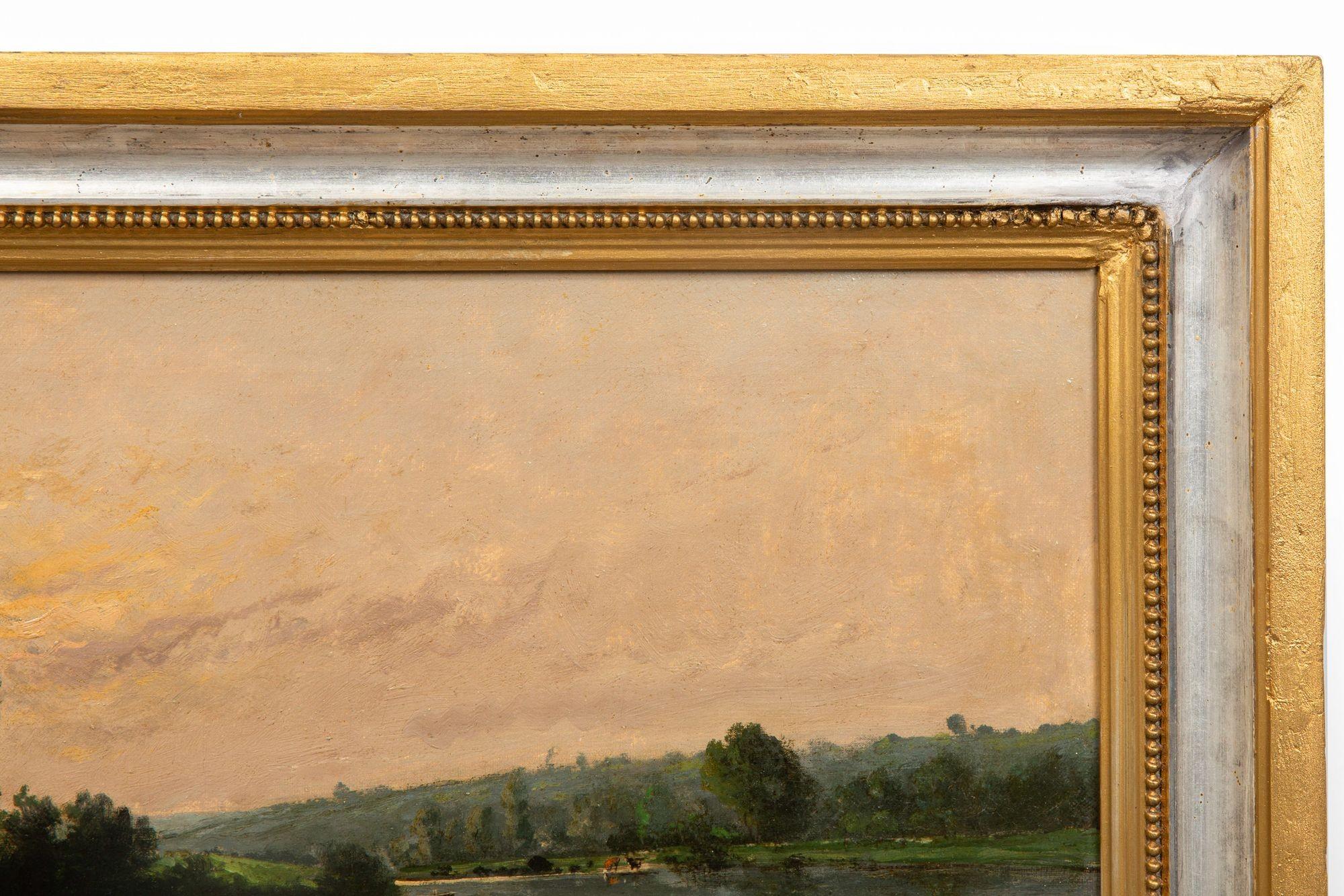 Peinture à l'huile ancienne d'un paysage de soirée de Barbizon par Henri Perret en vente 11