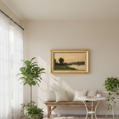 French Barbizon Antique Landscape Oil Painting of Evening River by Henri Perret