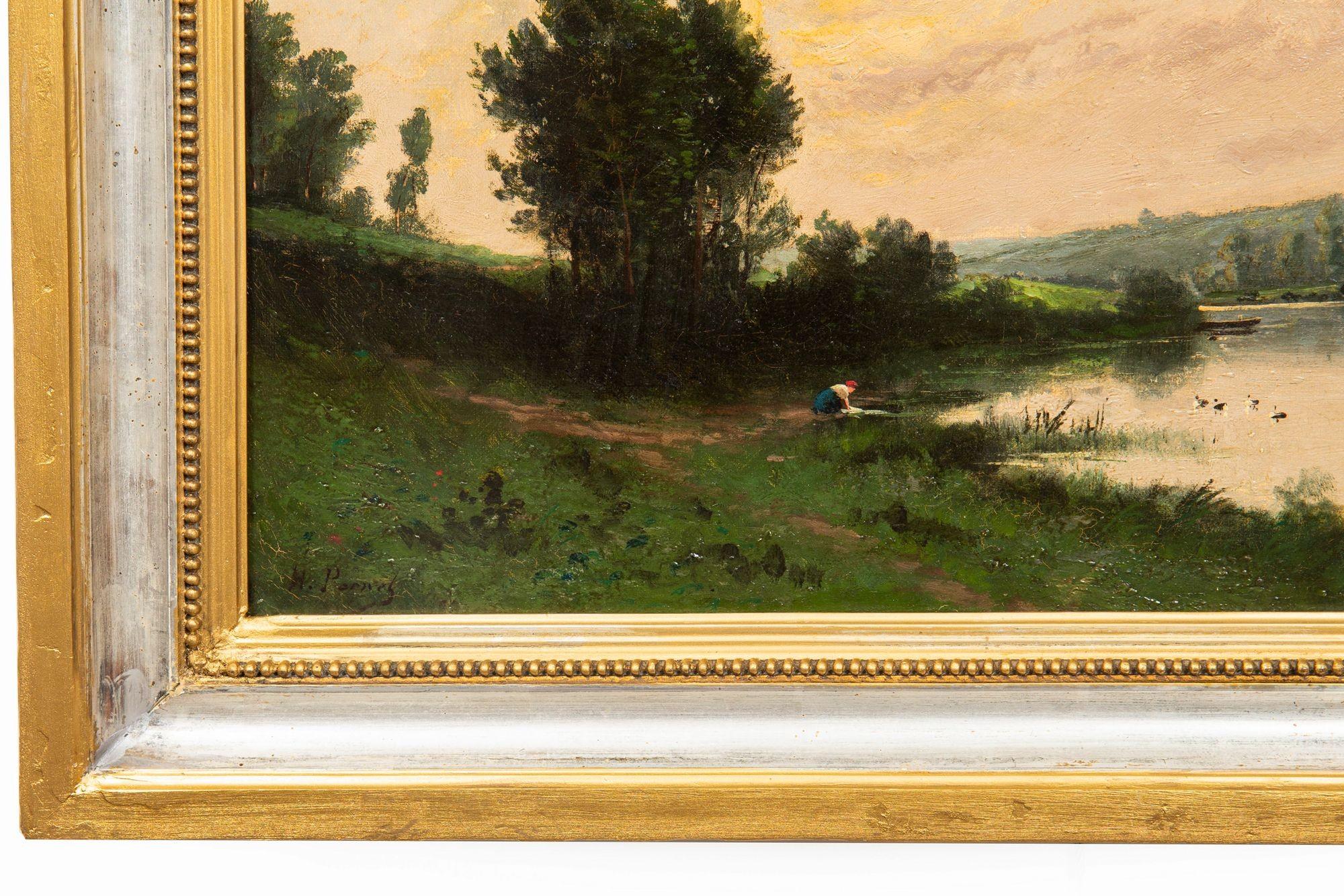 Peinture à l'huile ancienne d'un paysage de soirée de Barbizon par Henri Perret en vente 12