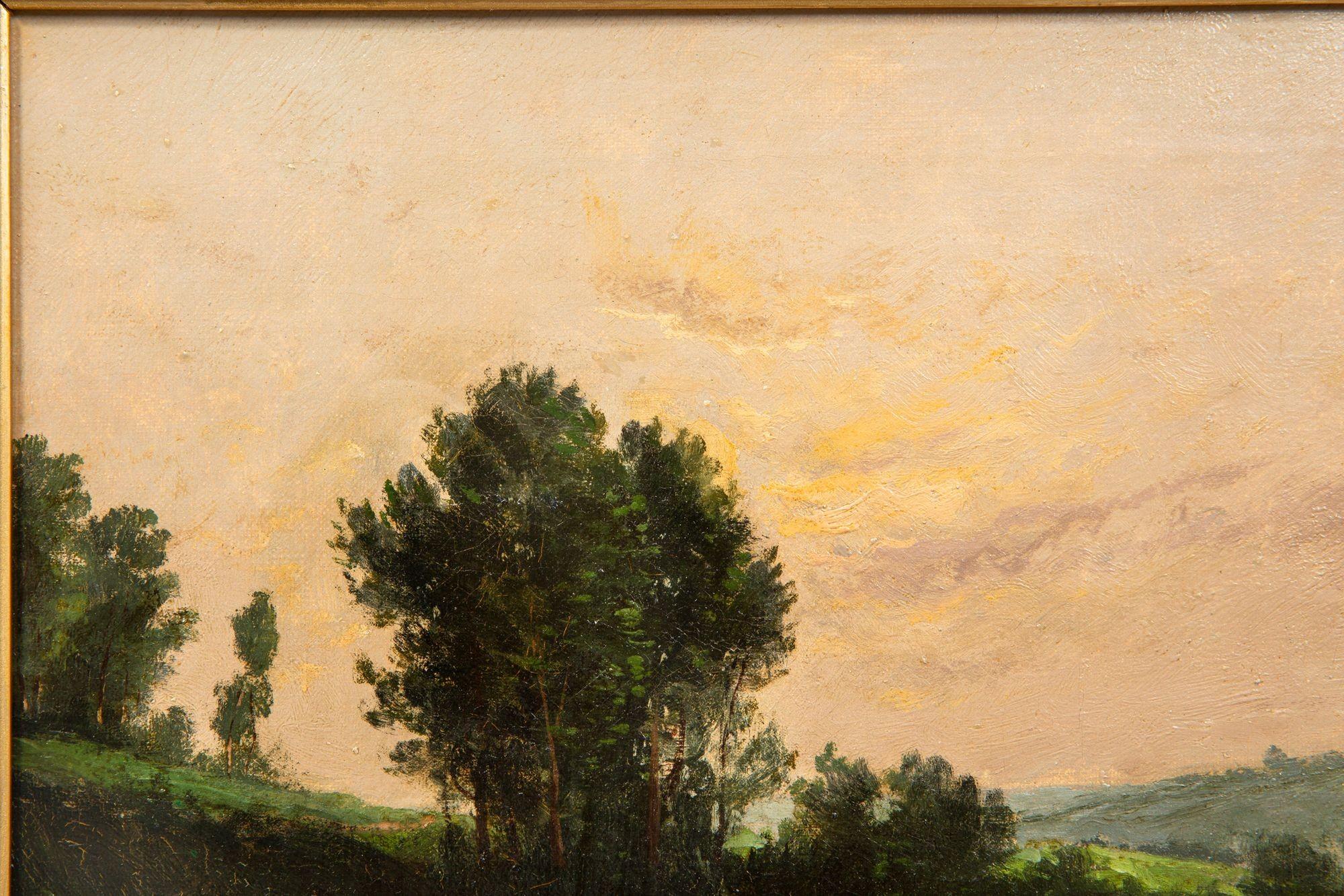 École de Barbizon Peinture à l'huile ancienne d'un paysage de soirée de Barbizon par Henri Perret en vente