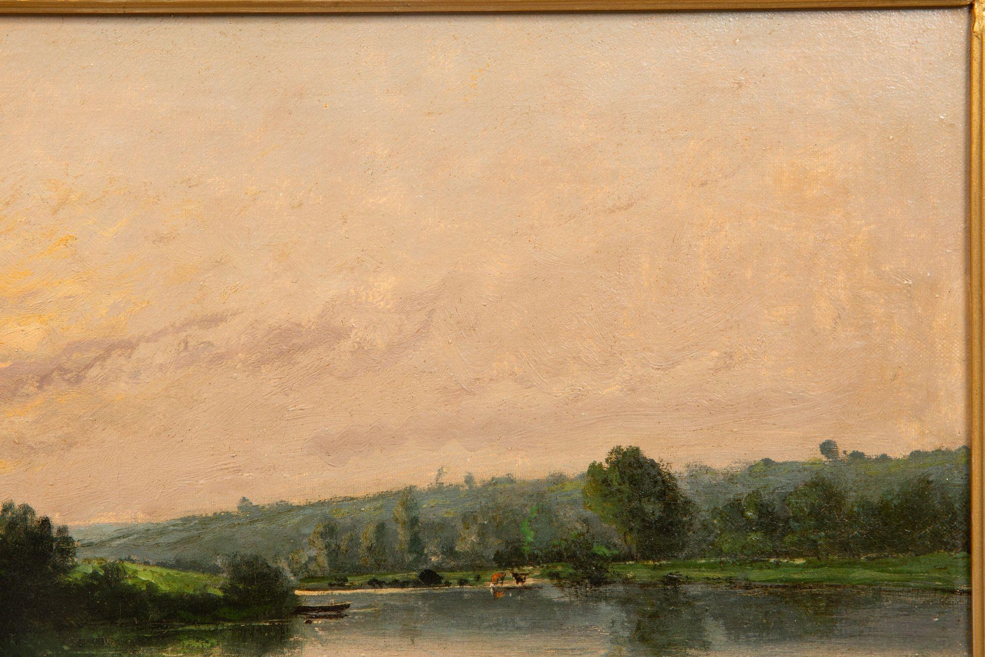 Français Peinture à l'huile ancienne d'un paysage de soirée de Barbizon par Henri Perret en vente