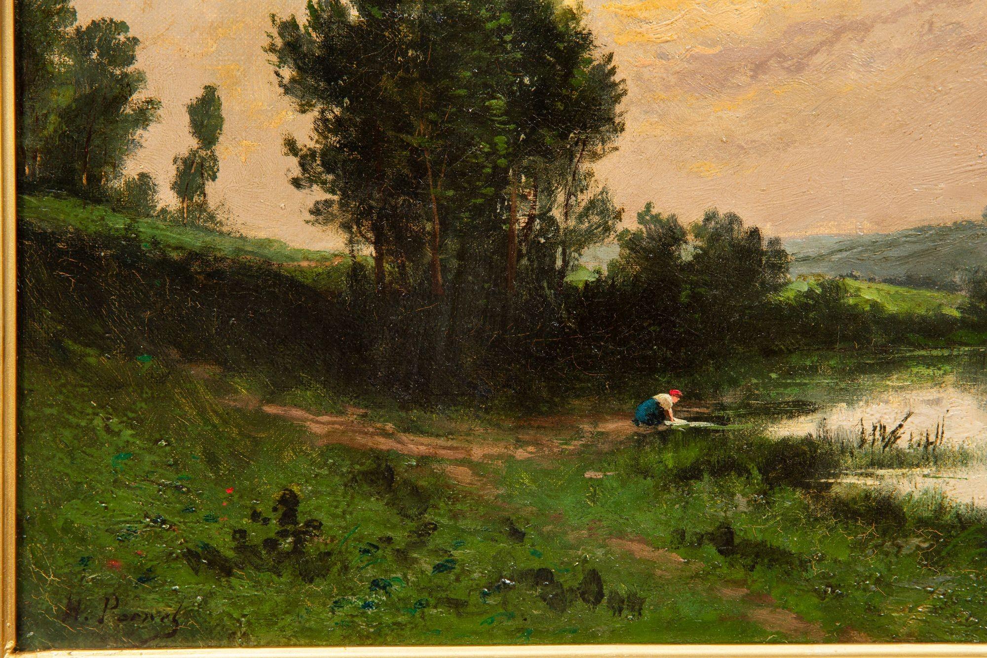 Peint à la main Peinture à l'huile ancienne d'un paysage de soirée de Barbizon par Henri Perret en vente