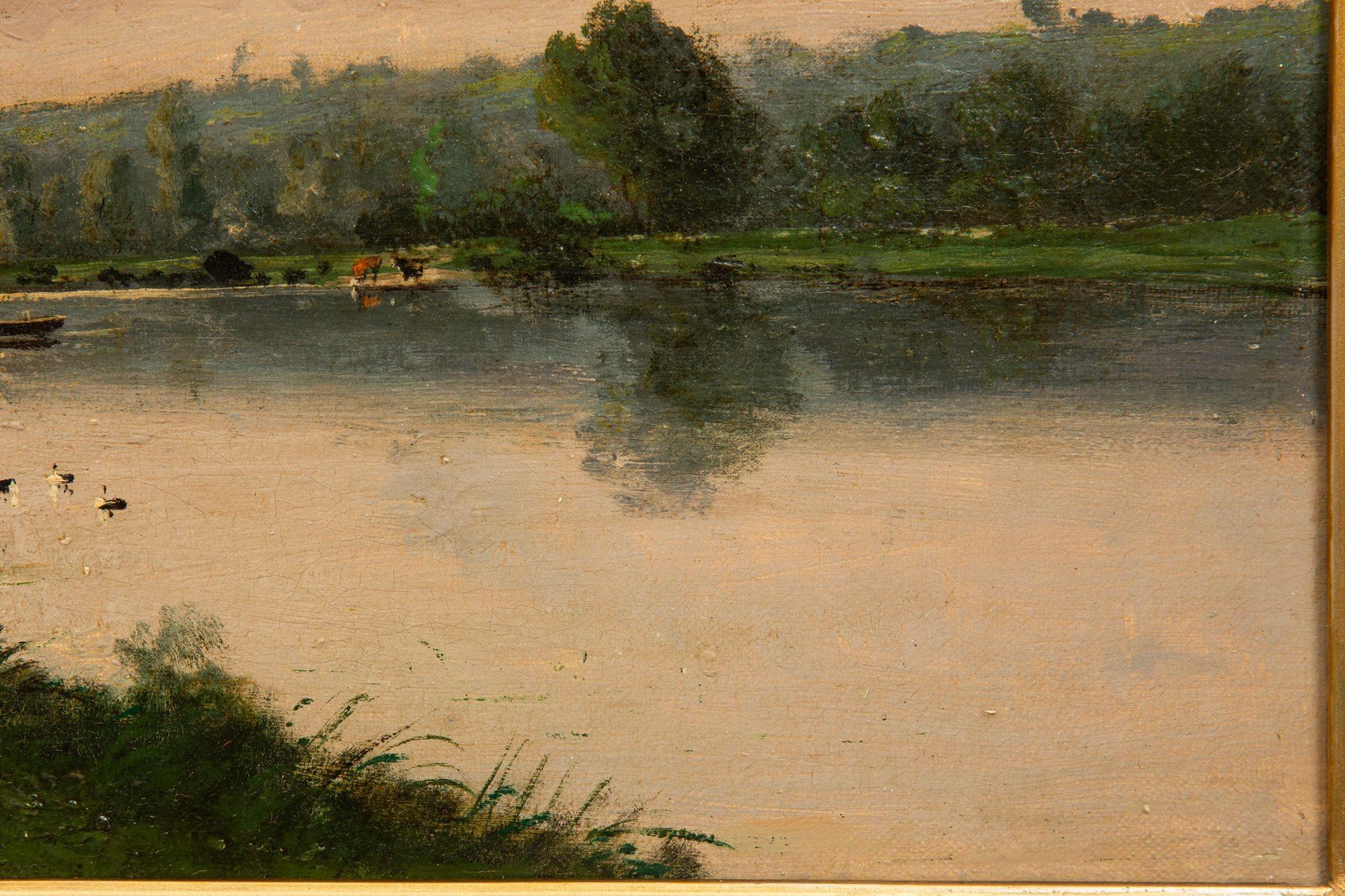 Peinture à l'huile ancienne d'un paysage de soirée de Barbizon par Henri Perret Bon état - En vente à Shippensburg, PA