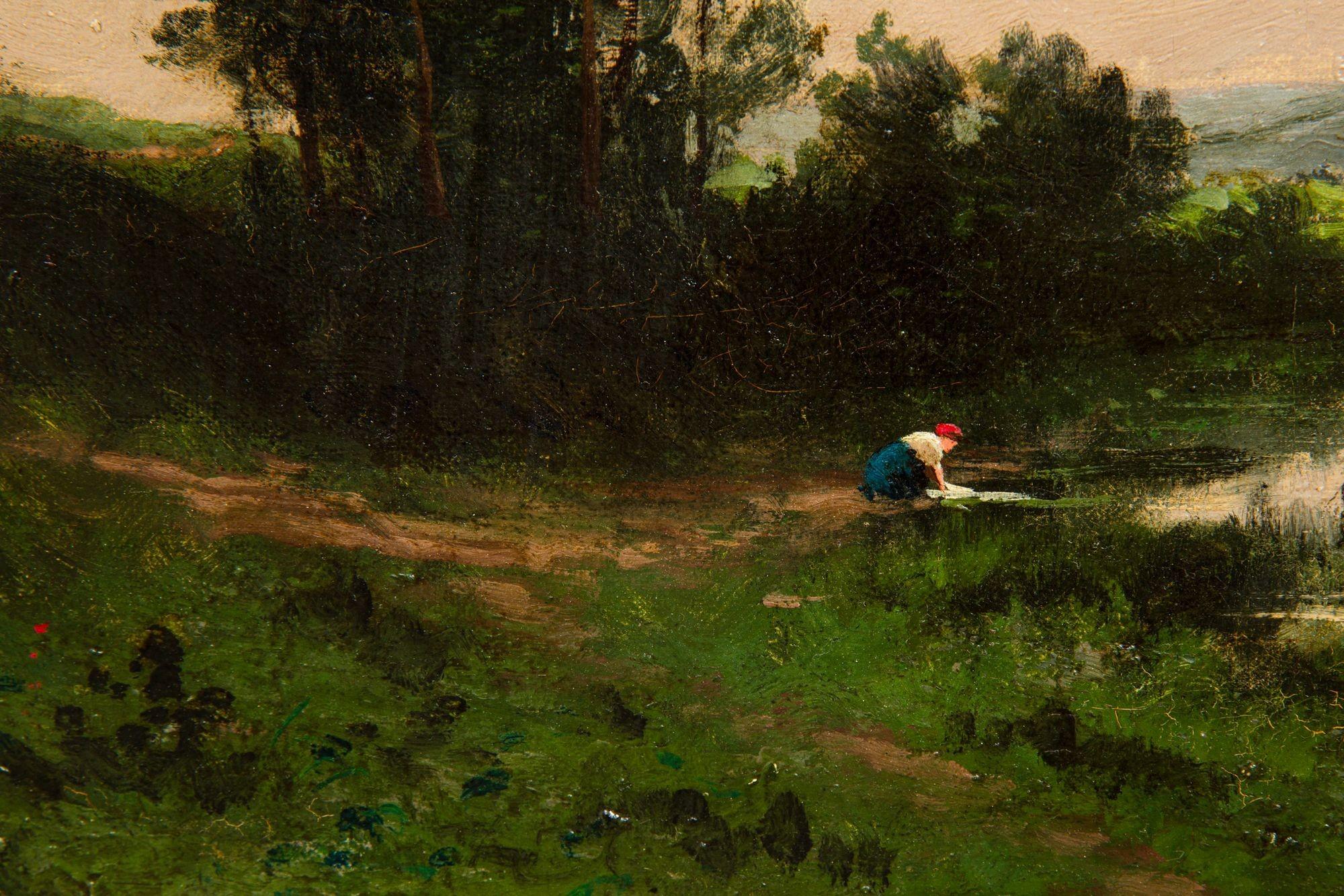 XIXe siècle Peinture à l'huile ancienne d'un paysage de soirée de Barbizon par Henri Perret en vente