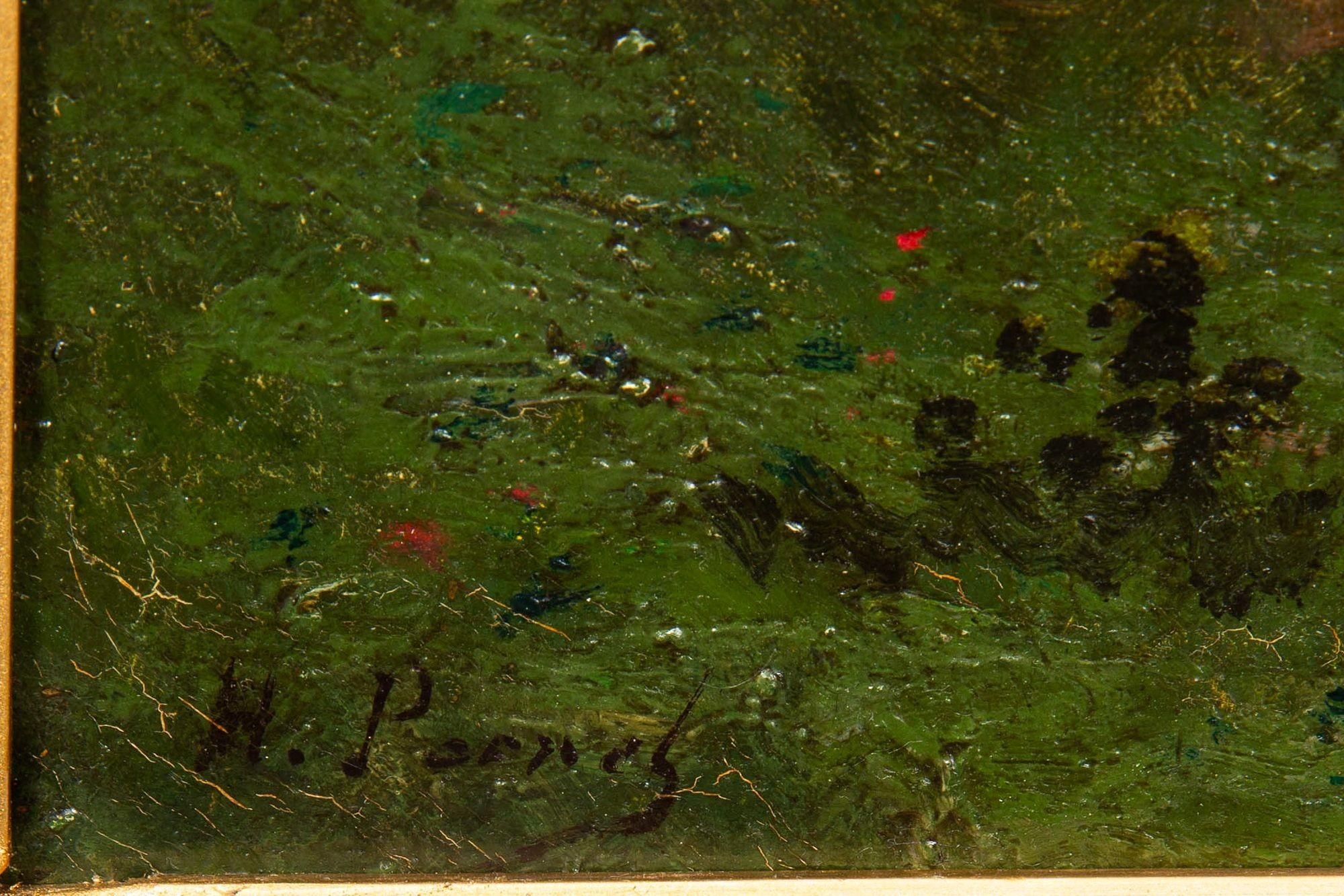 Toile Peinture à l'huile ancienne d'un paysage de soirée de Barbizon par Henri Perret en vente