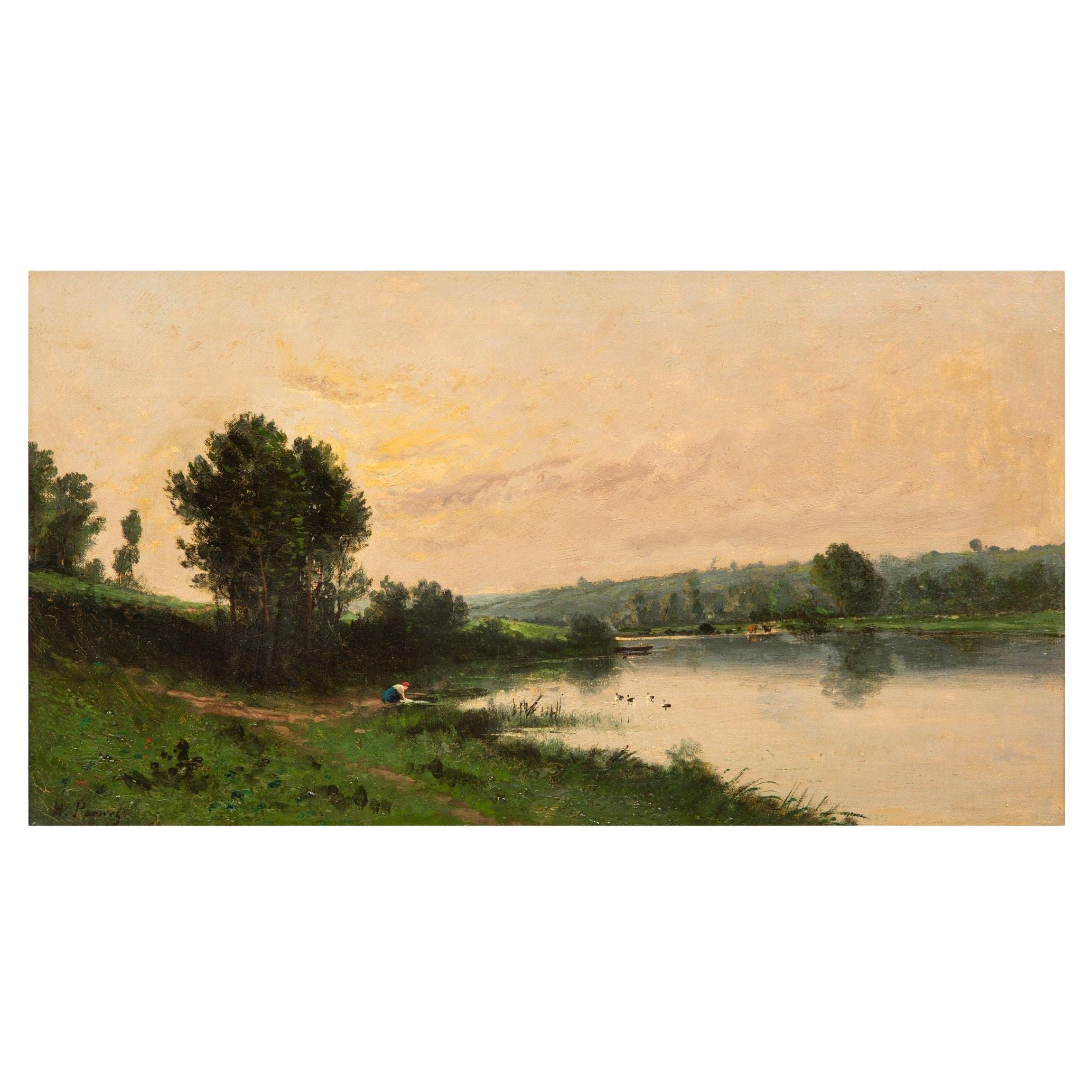 Cuadro al óleo francés Barbizon antiguo Paisaje de atardecer en un río de Henri Perret