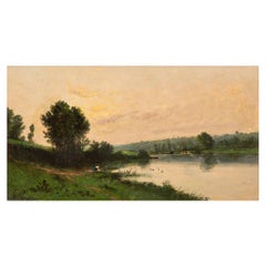 Cuadro al óleo francés Barbizon antiguo Paisaje de atardecer en un río de Henri Perret