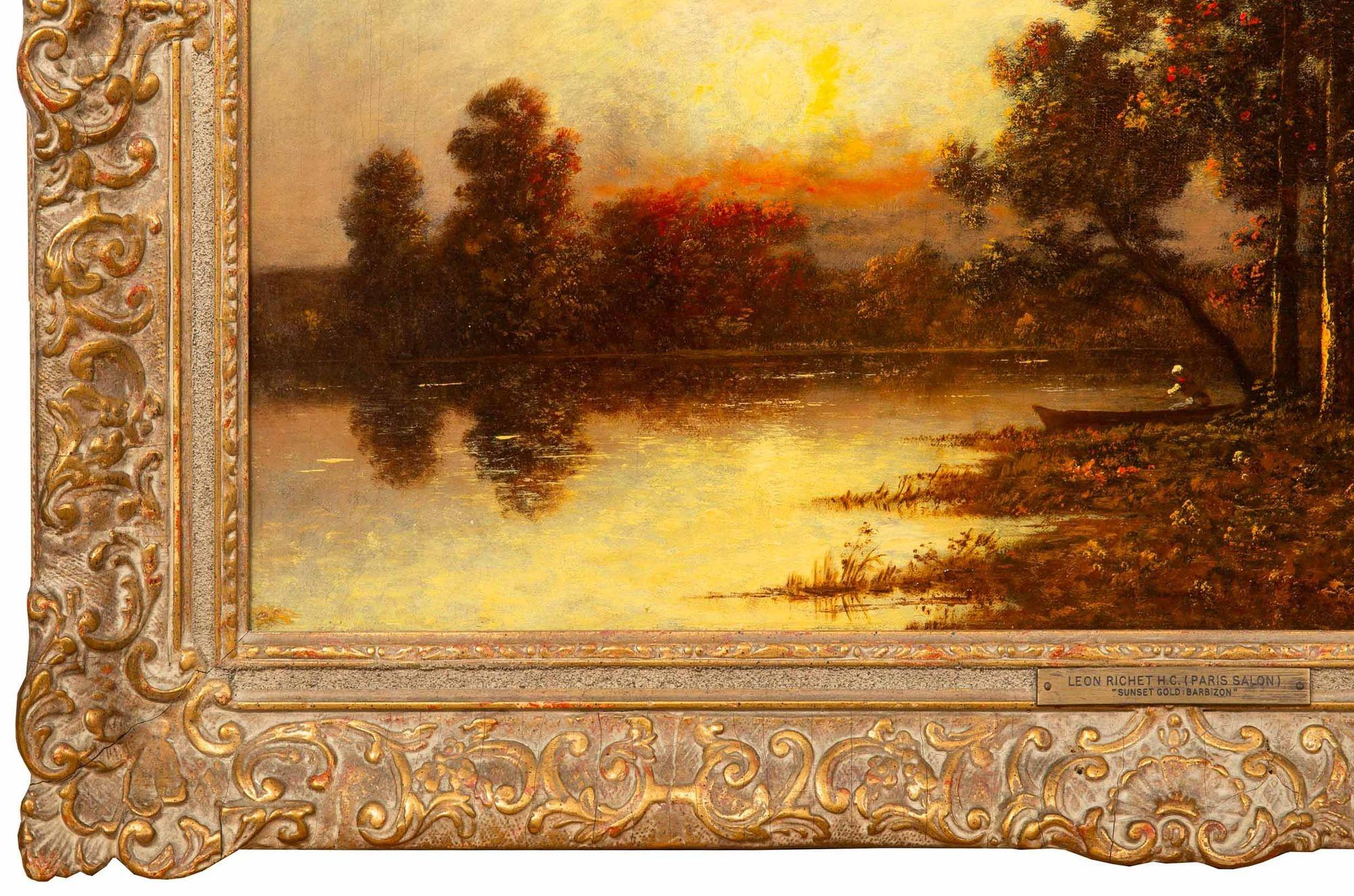 Cuadro al óleo antiguo de Barbizon de una puesta de sol de Léon Richet en venta 4