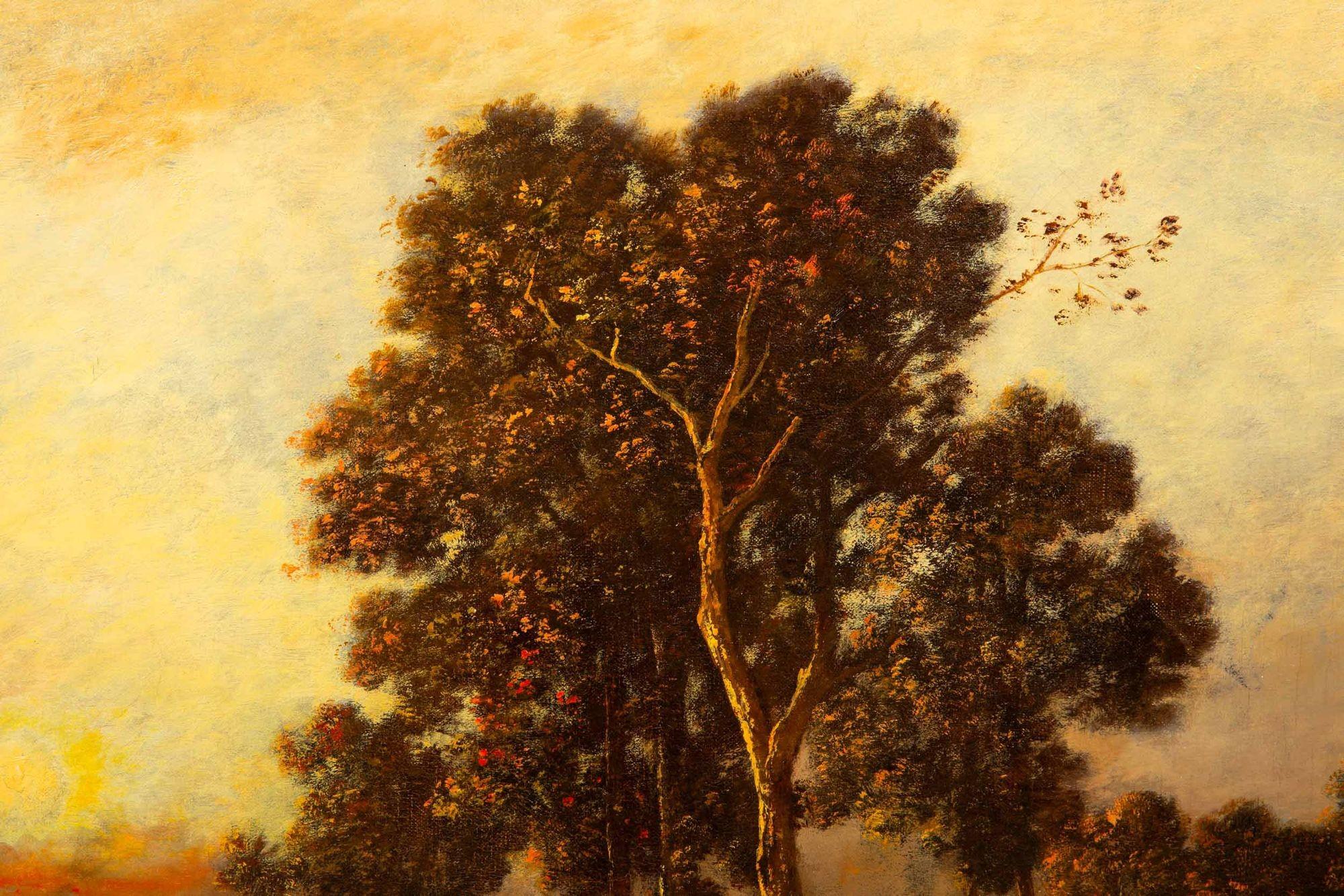 Cuadro al óleo antiguo de Barbizon de una puesta de sol de Léon Richet en venta 5