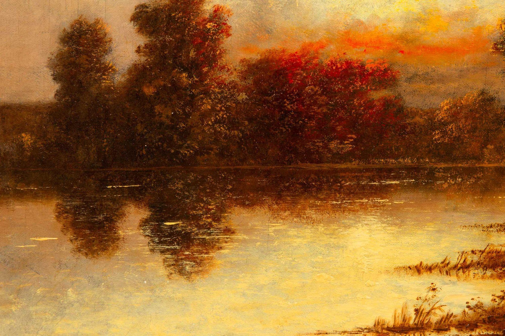Cuadro al óleo antiguo de Barbizon de una puesta de sol de Léon Richet en venta 8