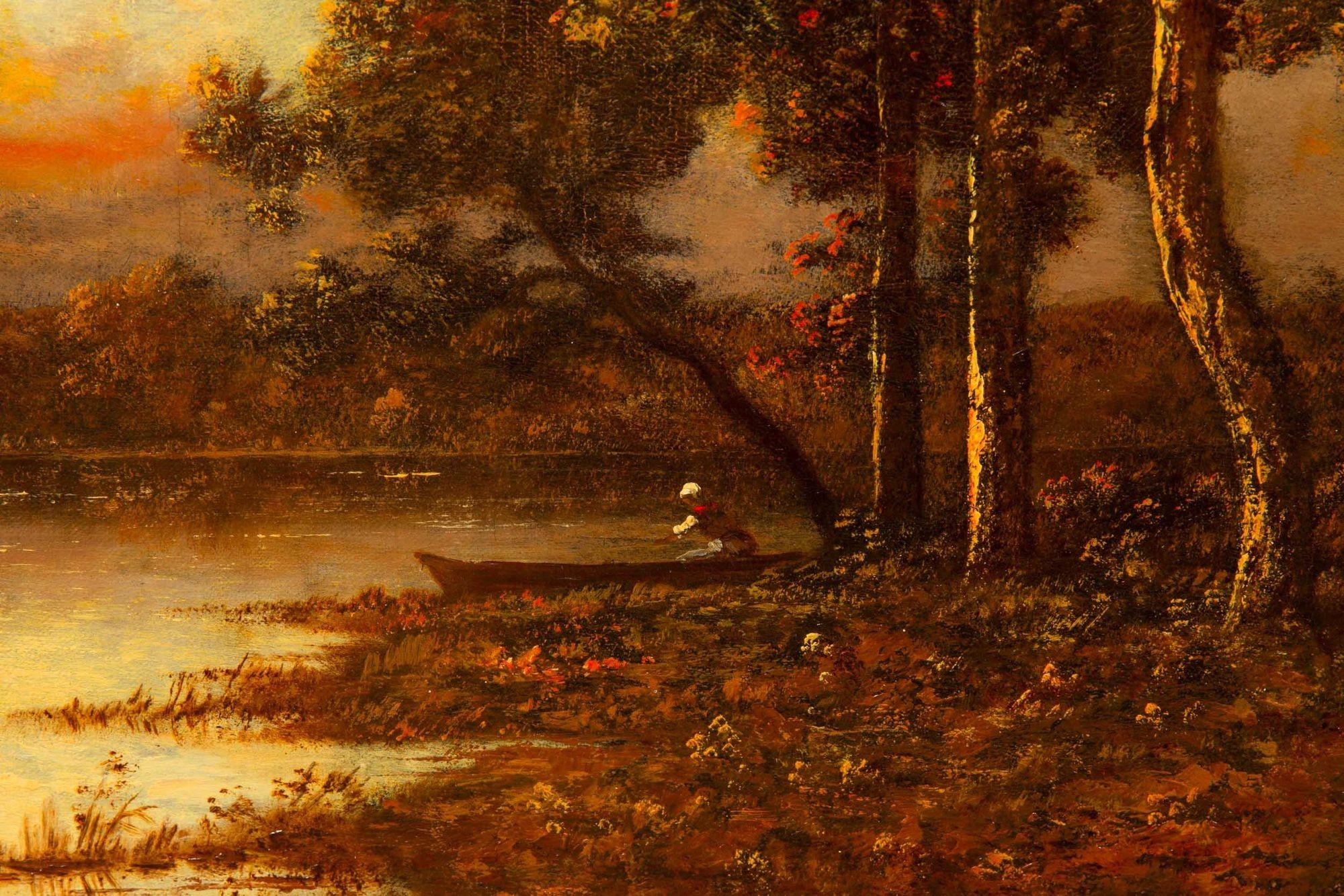Cuadro al óleo antiguo de Barbizon de una puesta de sol de Léon Richet en venta 9