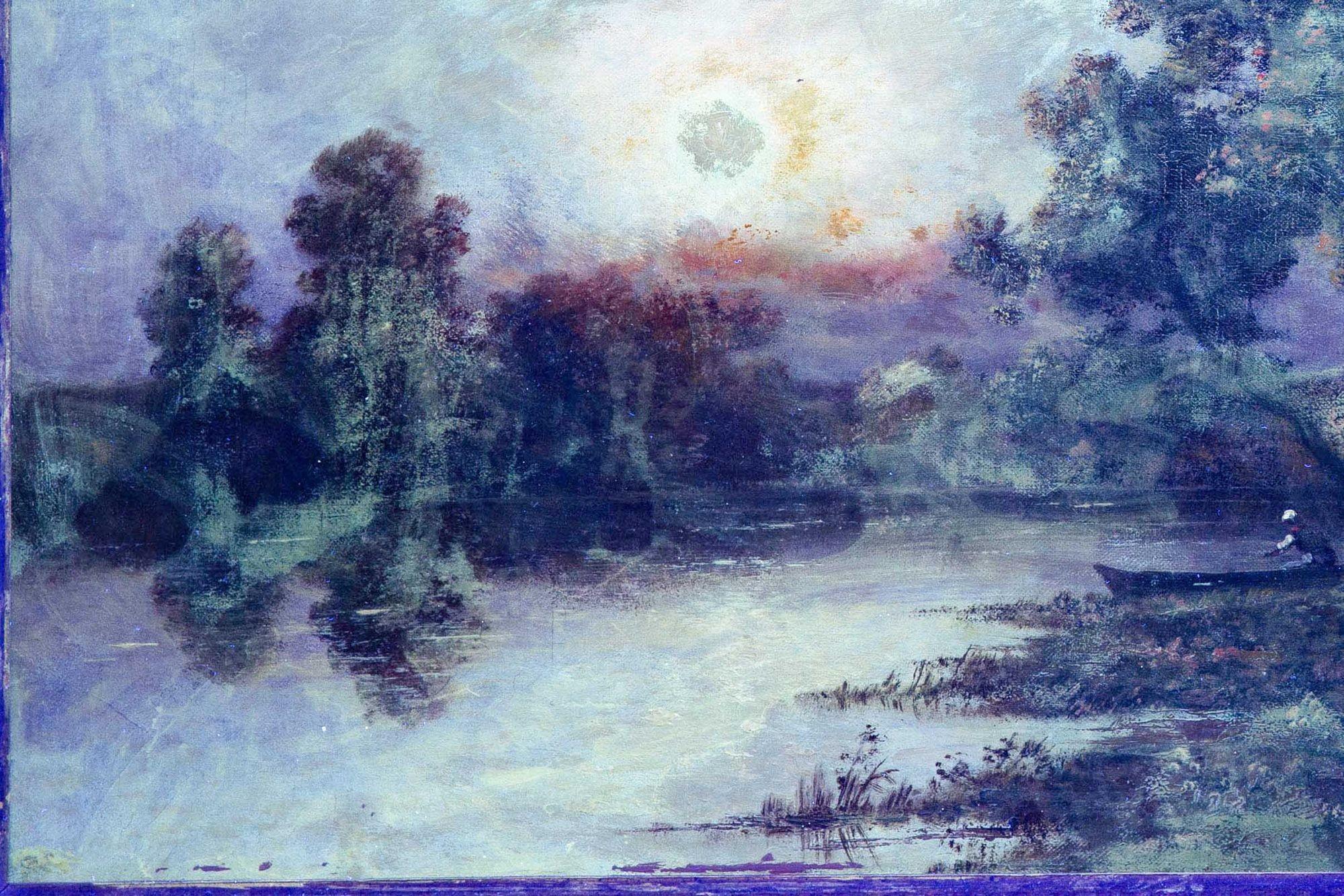 Cuadro al óleo antiguo de Barbizon de una puesta de sol de Léon Richet en venta 13