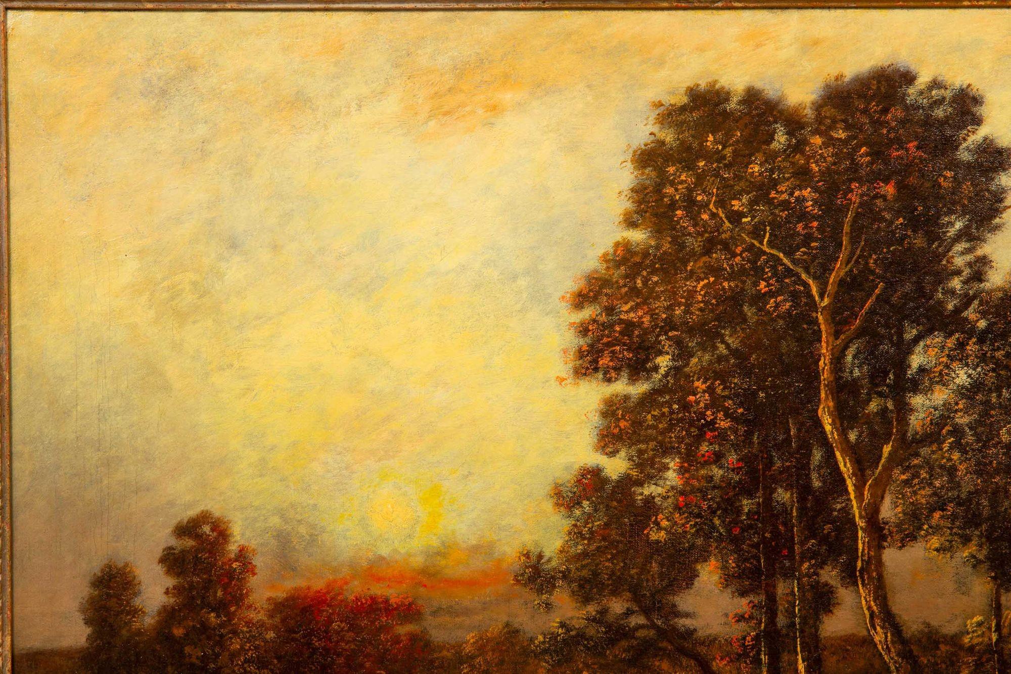 Cuadro al óleo antiguo de Barbizon de una puesta de sol de Léon Richet Escuela de Barbizon en venta