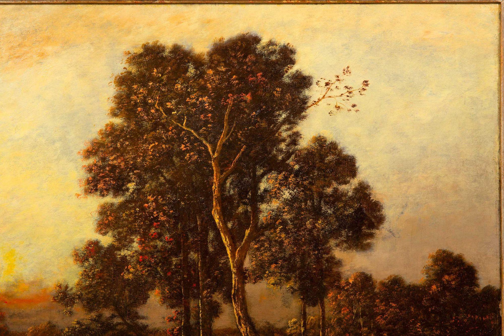 Cuadro al óleo antiguo de Barbizon de una puesta de sol de Léon Richet Francés en venta