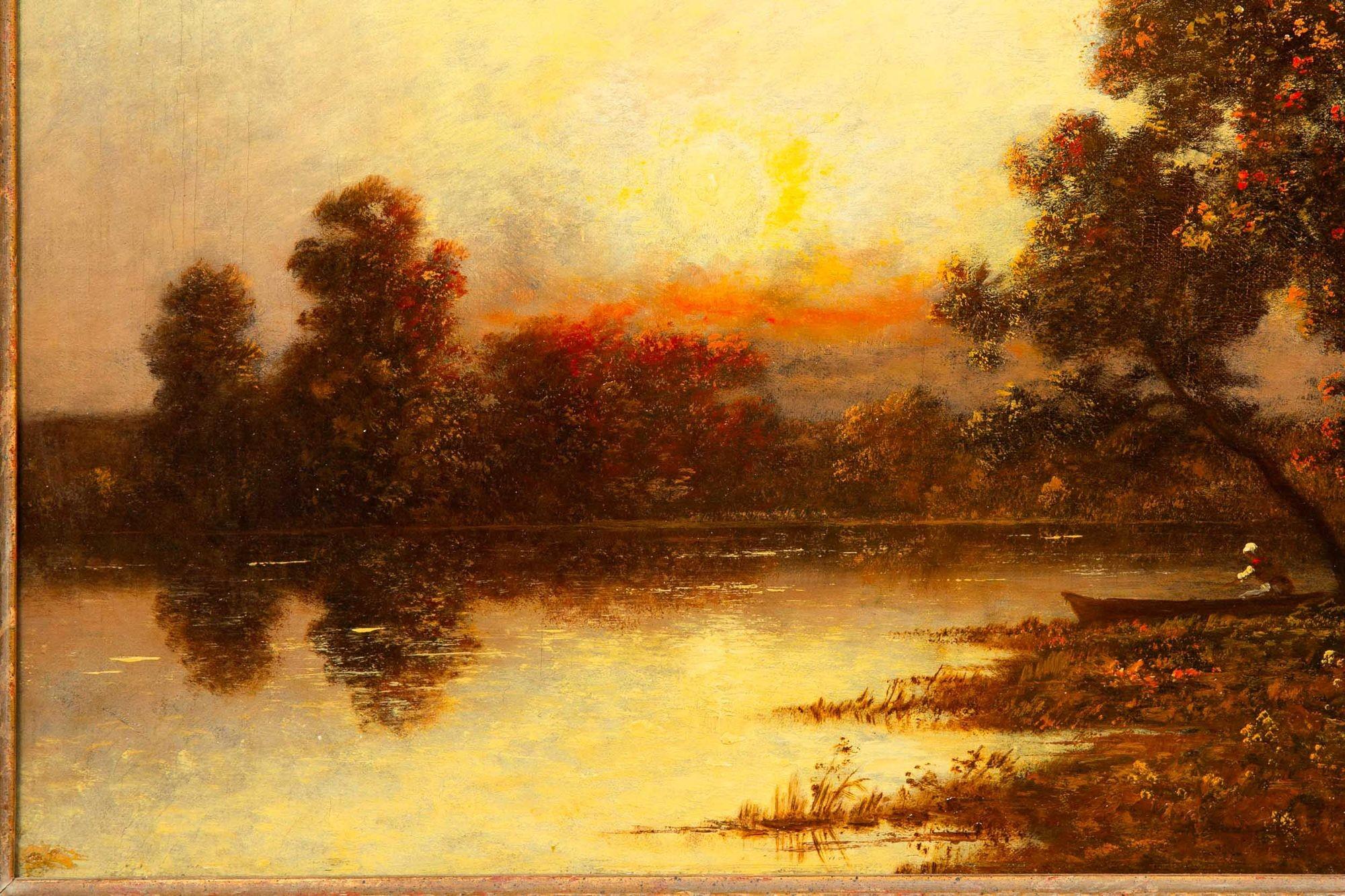 Cuadro al óleo antiguo de Barbizon de una puesta de sol de Léon Richet en Bueno estado para la venta en Shippensburg, PA