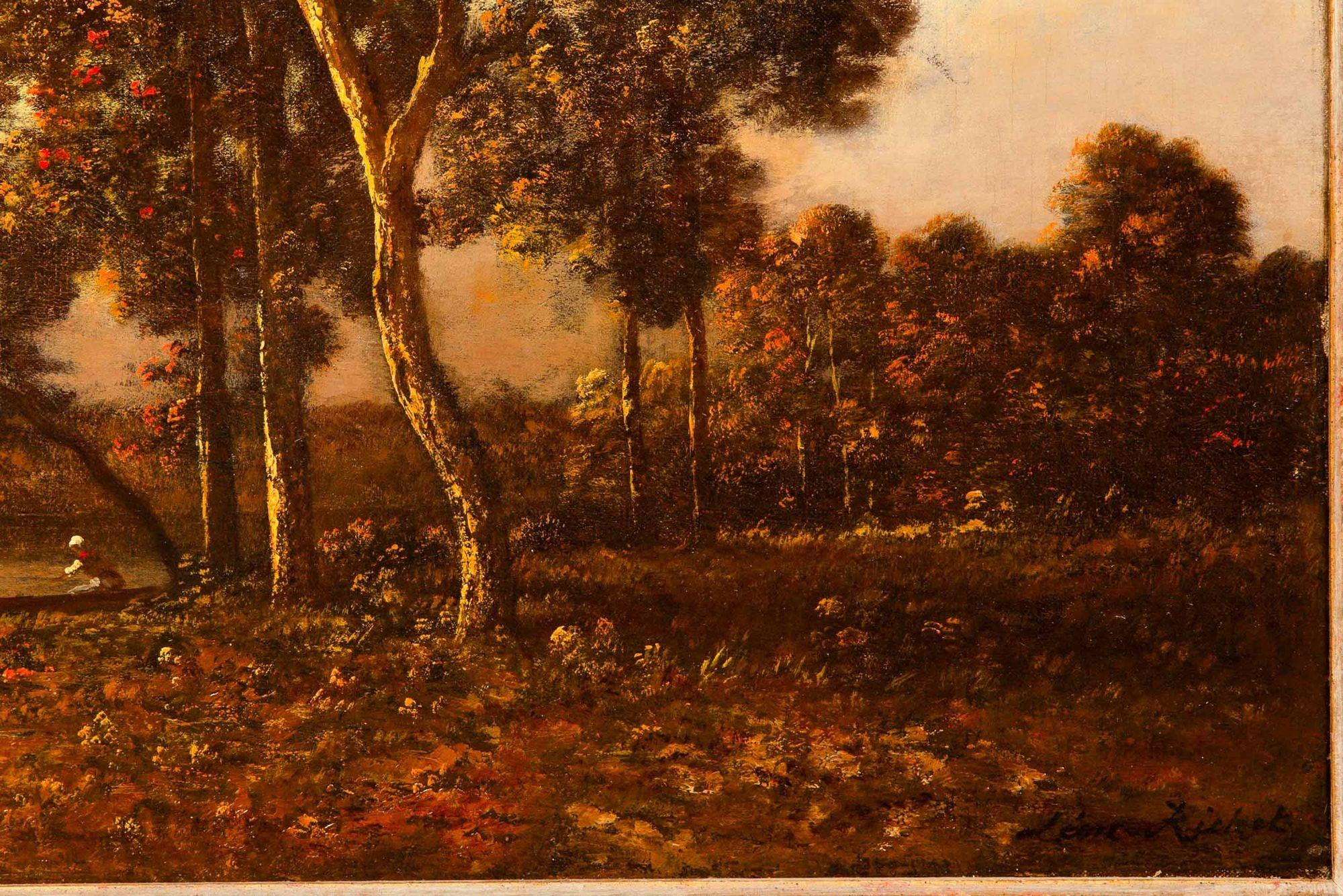 Cuadro al óleo antiguo de Barbizon de una puesta de sol de Léon Richet siglo XX en venta
