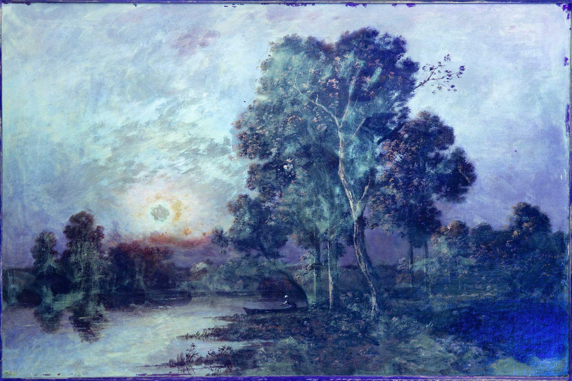 Cuadro al óleo antiguo de Barbizon de una puesta de sol de Léon Richet en venta 1