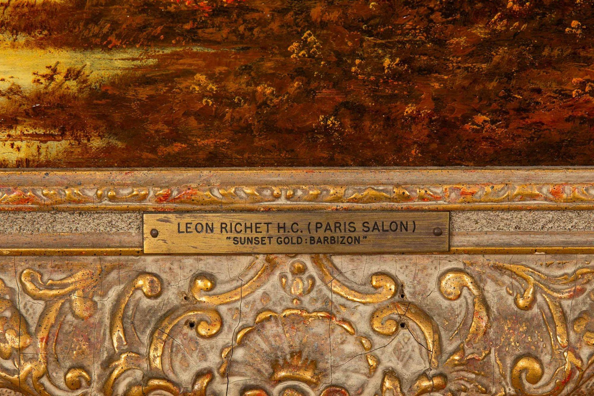 Cuadro al óleo antiguo de Barbizon de una puesta de sol de Léon Richet en venta 2