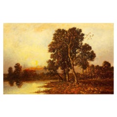 French Barbizon Antique Landscape Oil Painting of Sunset by Léon Richet