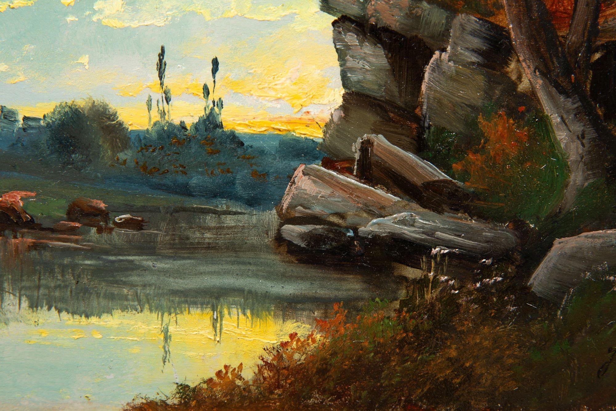 Antikes französisches Ölgemälde einer Abendlandschaft von Jean Bain aus Barbizon, Barbizon im Angebot 4