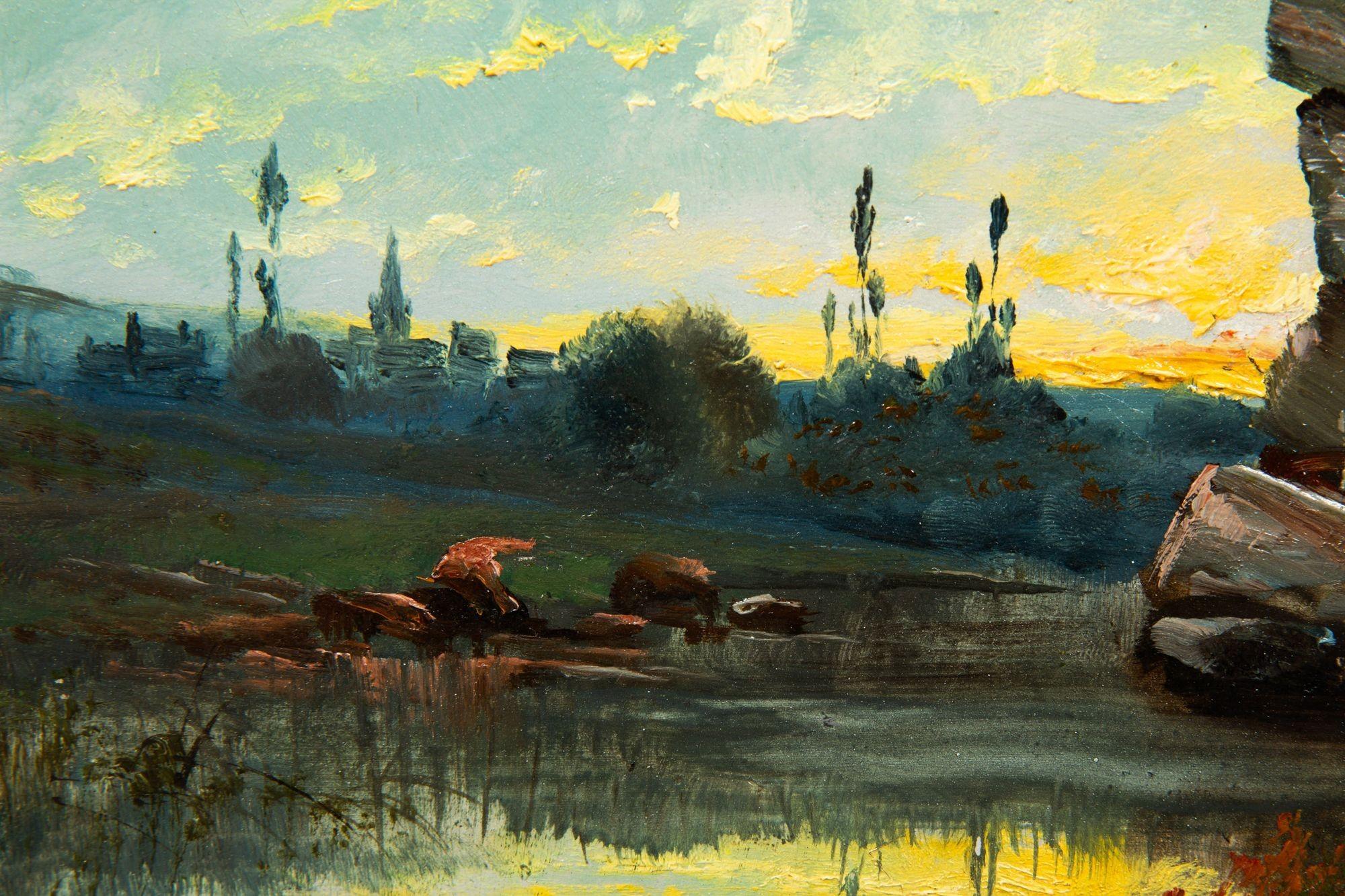 Antikes französisches Ölgemälde einer Abendlandschaft von Jean Bain aus Barbizon, Barbizon im Angebot 5