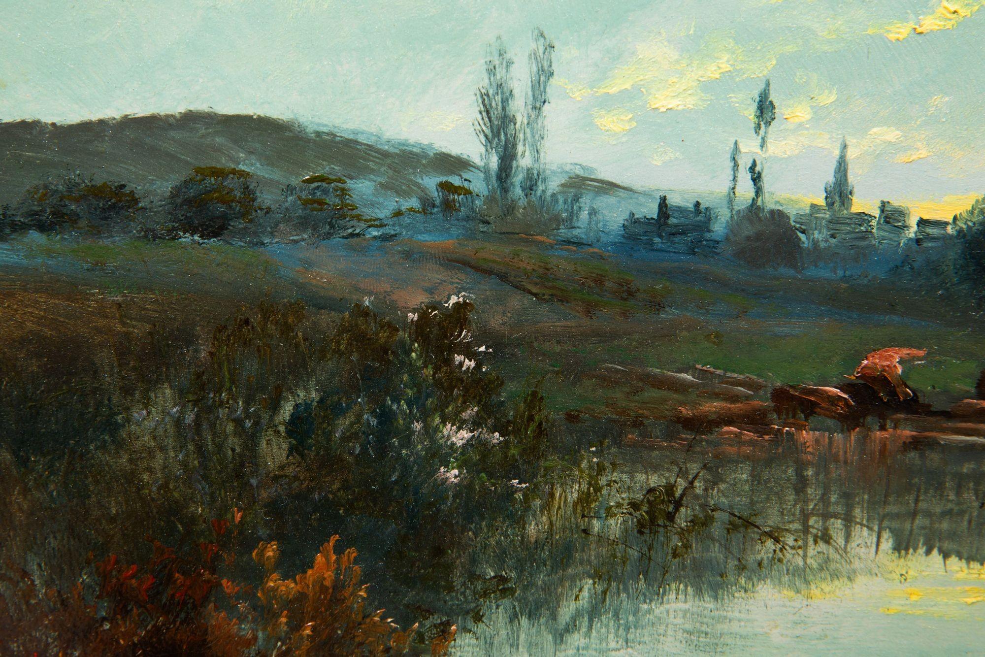 Antikes französisches Ölgemälde einer Abendlandschaft von Jean Bain aus Barbizon, Barbizon im Angebot 8