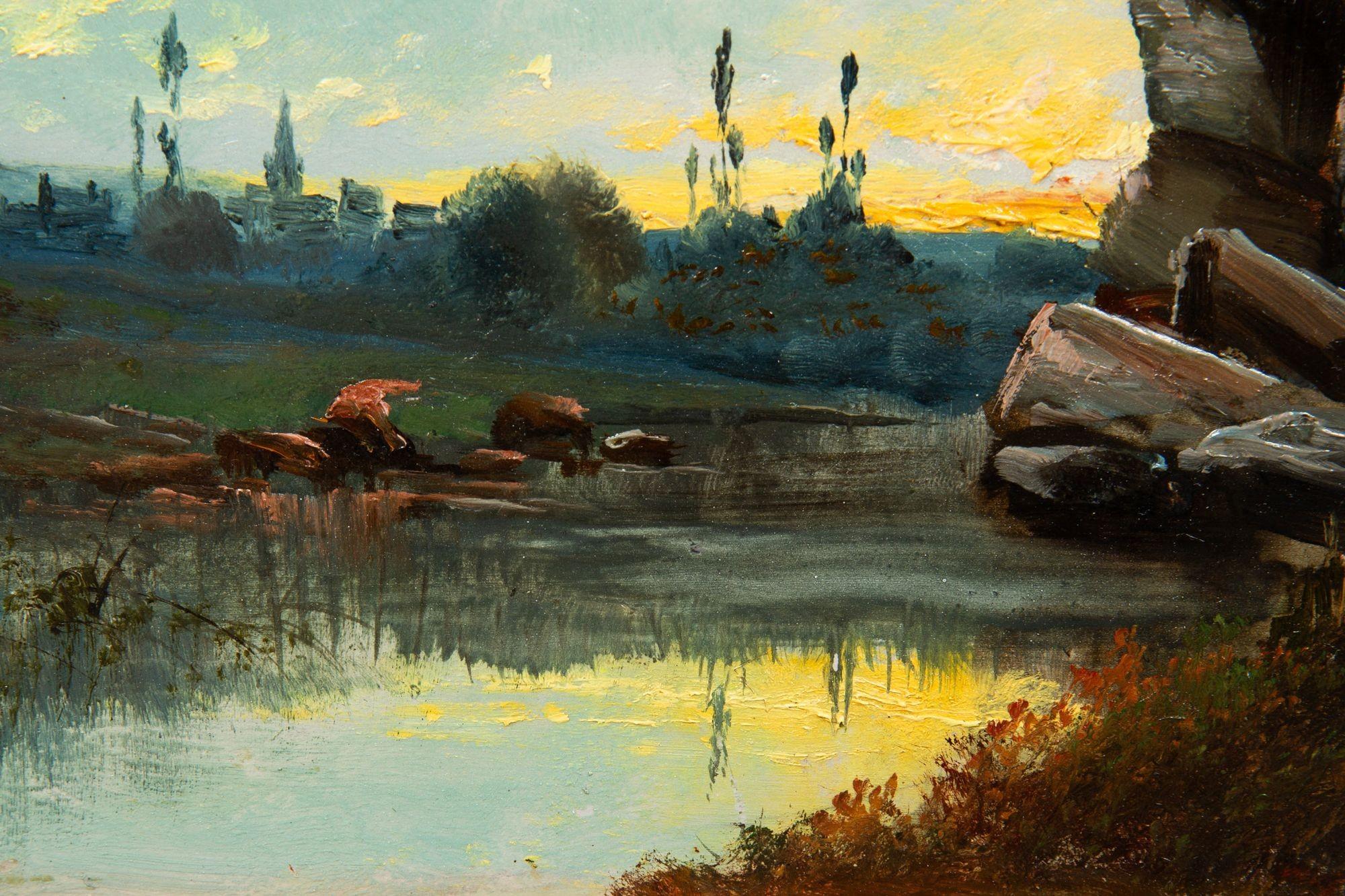 Antikes französisches Ölgemälde einer Abendlandschaft von Jean Bain aus Barbizon, Barbizon im Angebot 10