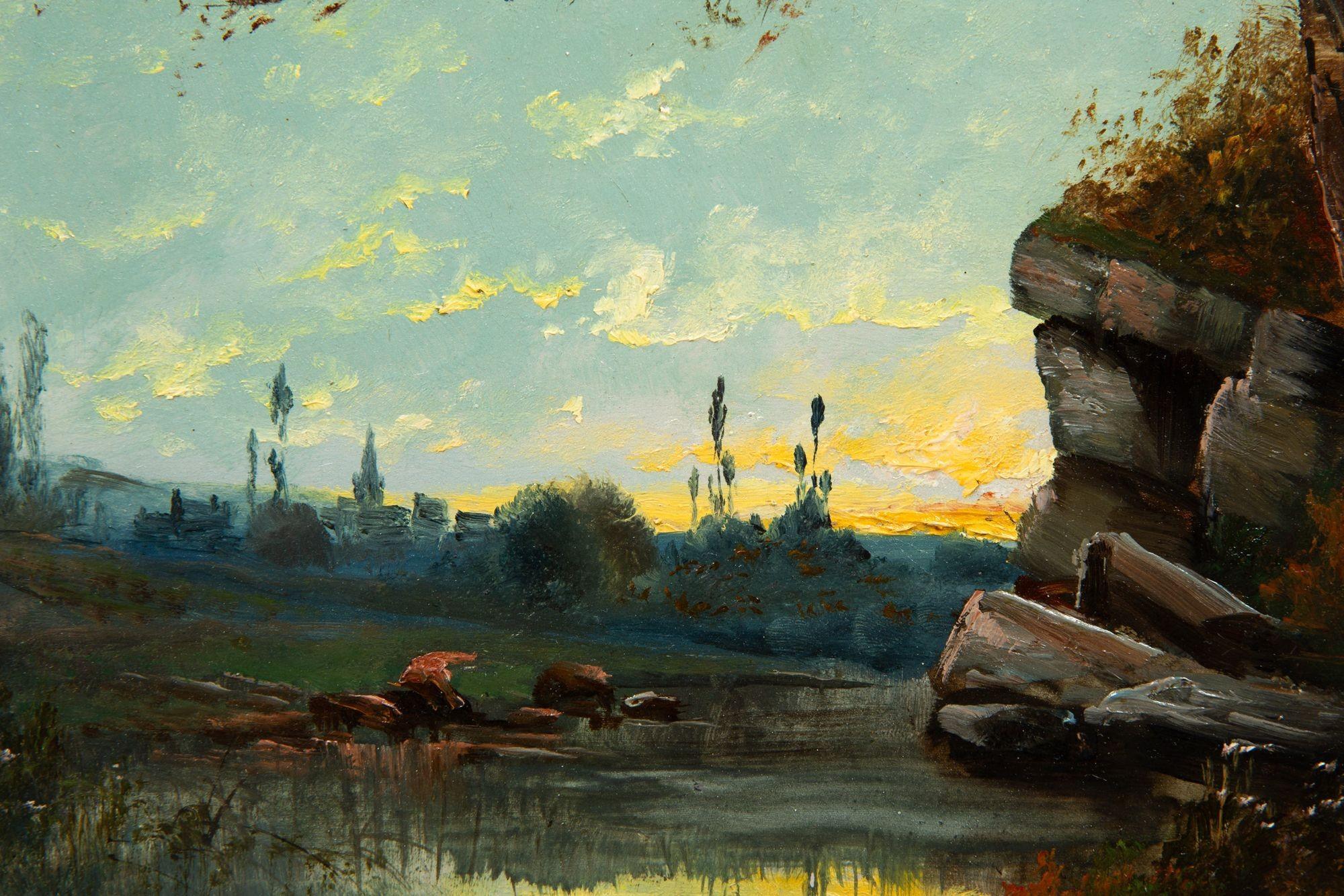 Antikes französisches Ölgemälde einer Abendlandschaft von Jean Bain aus Barbizon, Barbizon im Angebot 11