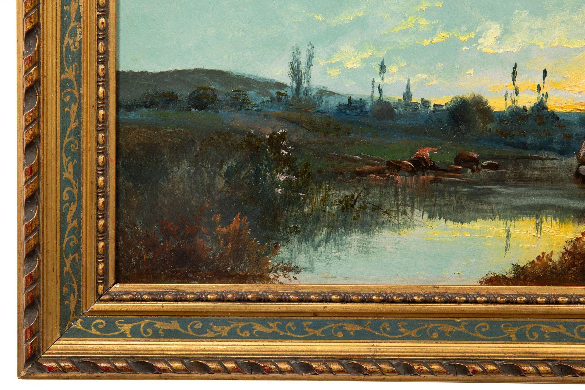 Antikes französisches Ölgemälde einer Abendlandschaft von Jean Bain aus Barbizon, Barbizon im Angebot 12