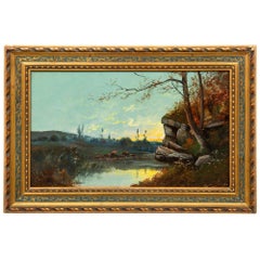 Antique French Barbizon - Dipinto a olio di Jean Bain con paesaggio serale