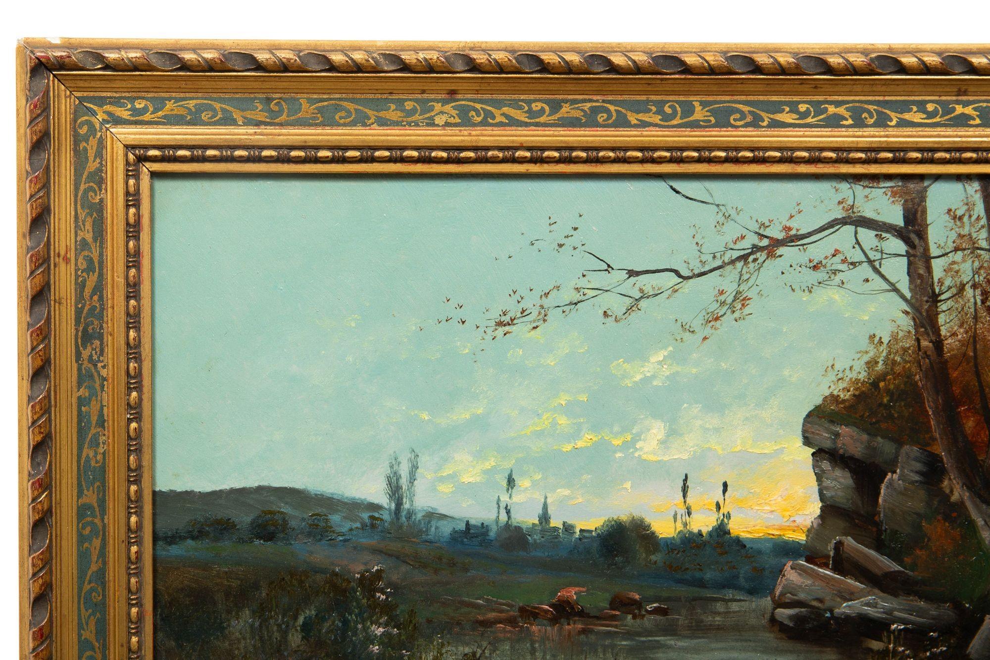 Antikes französisches Ölgemälde einer Abendlandschaft von Jean Bain aus Barbizon, Barbizon (Schule von Barbizon) im Angebot