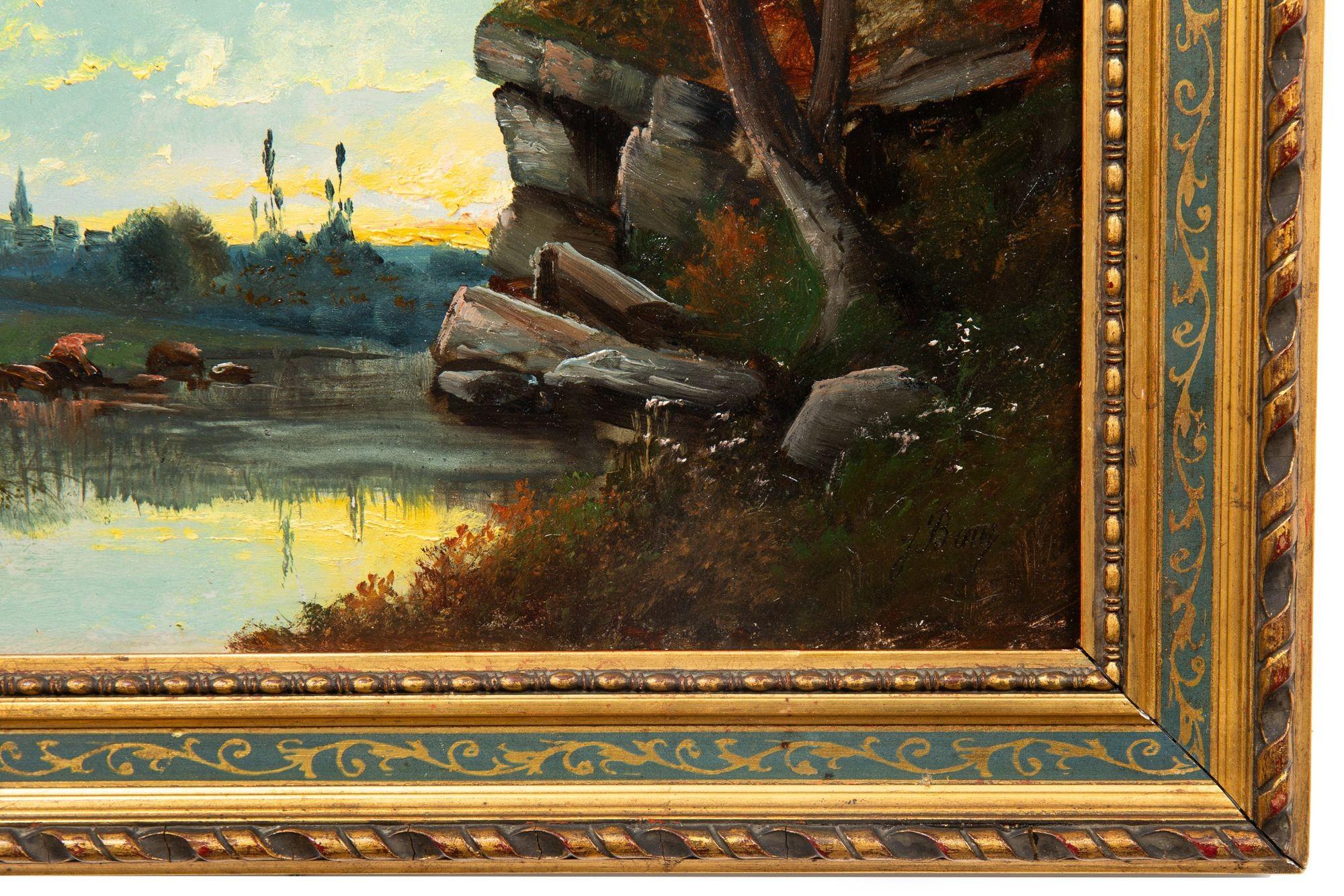 Antikes französisches Ölgemälde einer Abendlandschaft von Jean Bain aus Barbizon, Barbizon (Französisch) im Angebot