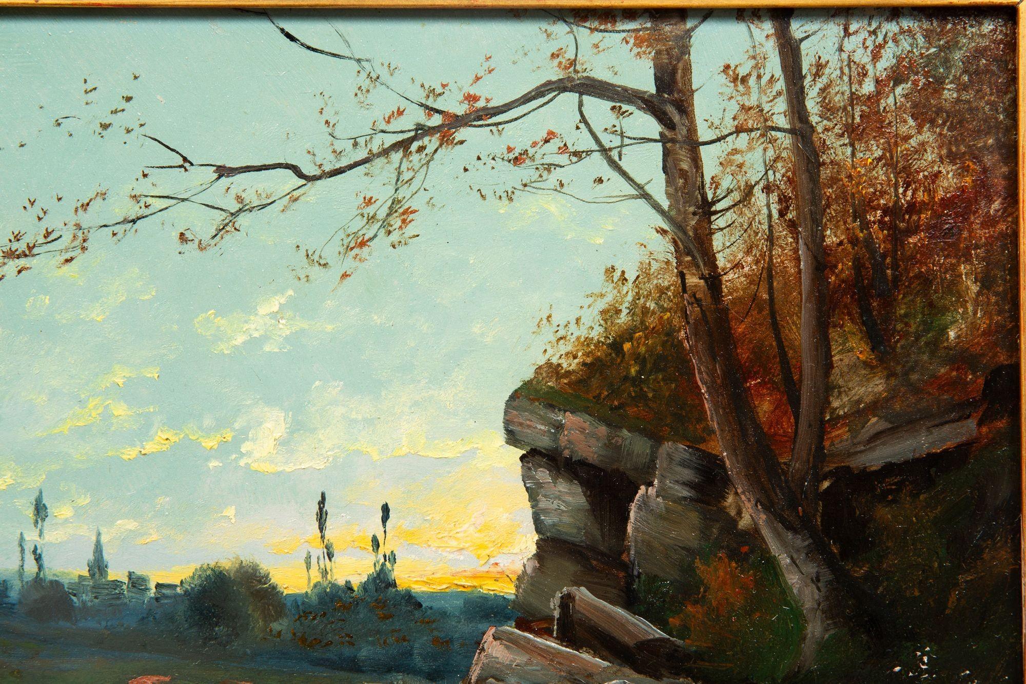 Antikes französisches Ölgemälde einer Abendlandschaft von Jean Bain aus Barbizon, Barbizon im Zustand „Gut“ im Angebot in Shippensburg, PA