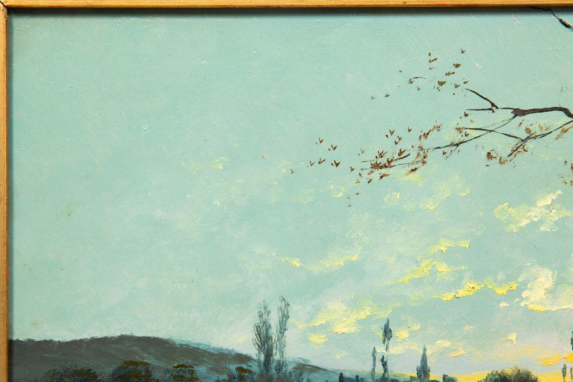 Antikes französisches Ölgemälde einer Abendlandschaft von Jean Bain aus Barbizon, Barbizon (20. Jahrhundert) im Angebot