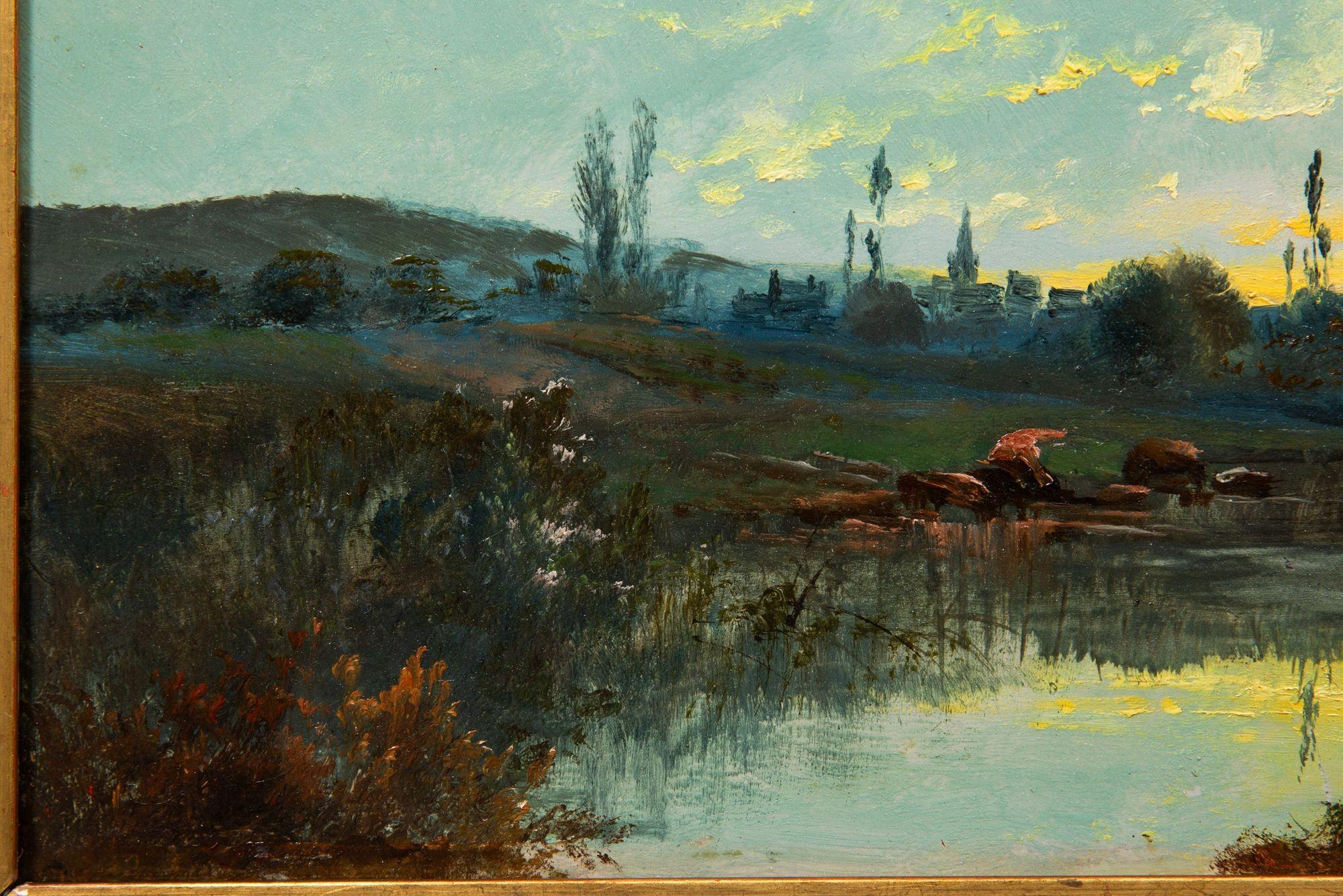 Antikes französisches Ölgemälde einer Abendlandschaft von Jean Bain aus Barbizon, Barbizon (Farbe) im Angebot