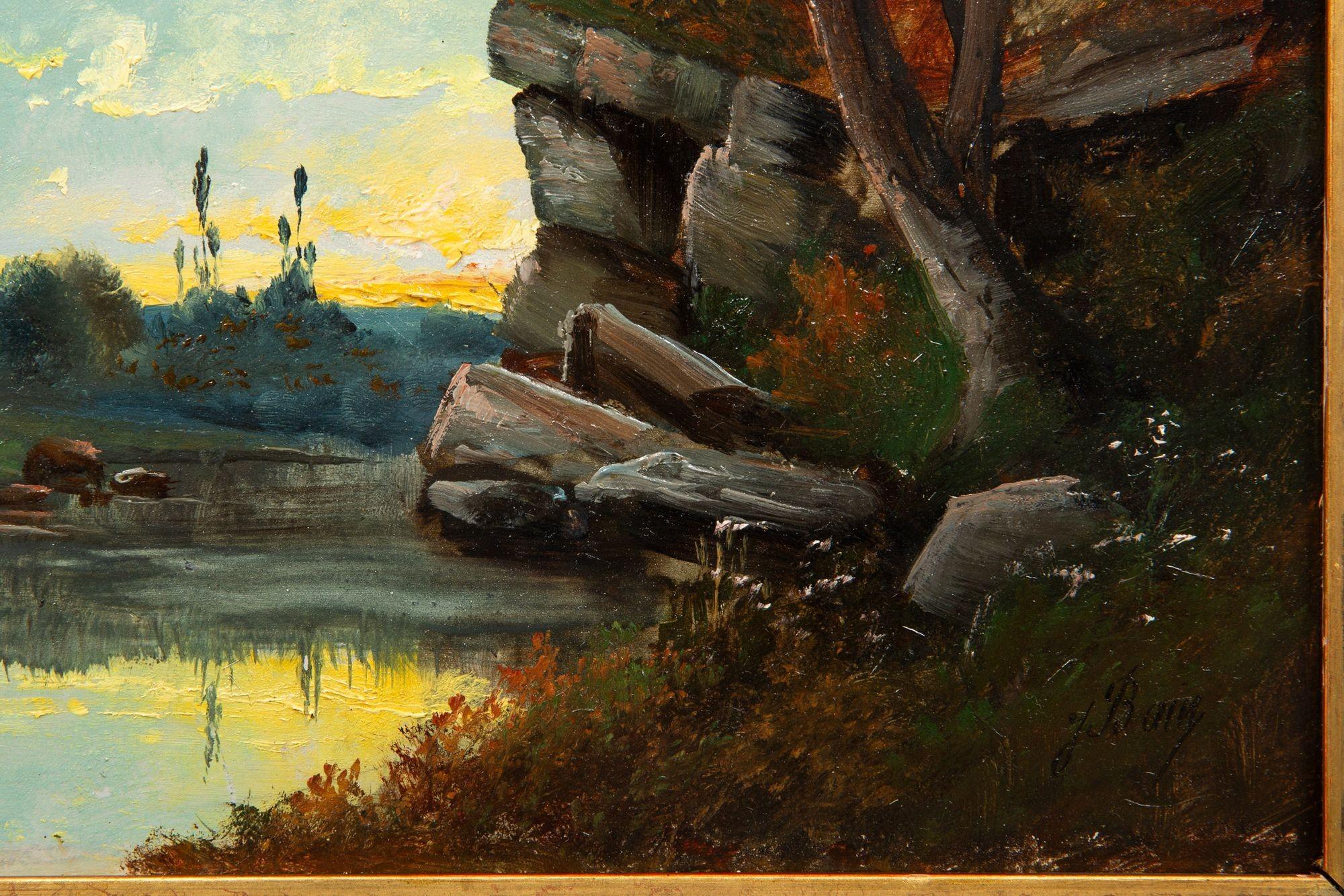 Antikes französisches Ölgemälde einer Abendlandschaft von Jean Bain aus Barbizon, Barbizon im Angebot 1