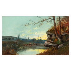 French Barbizon Antique Oil Painting of Evening Landscape by Jean Bain