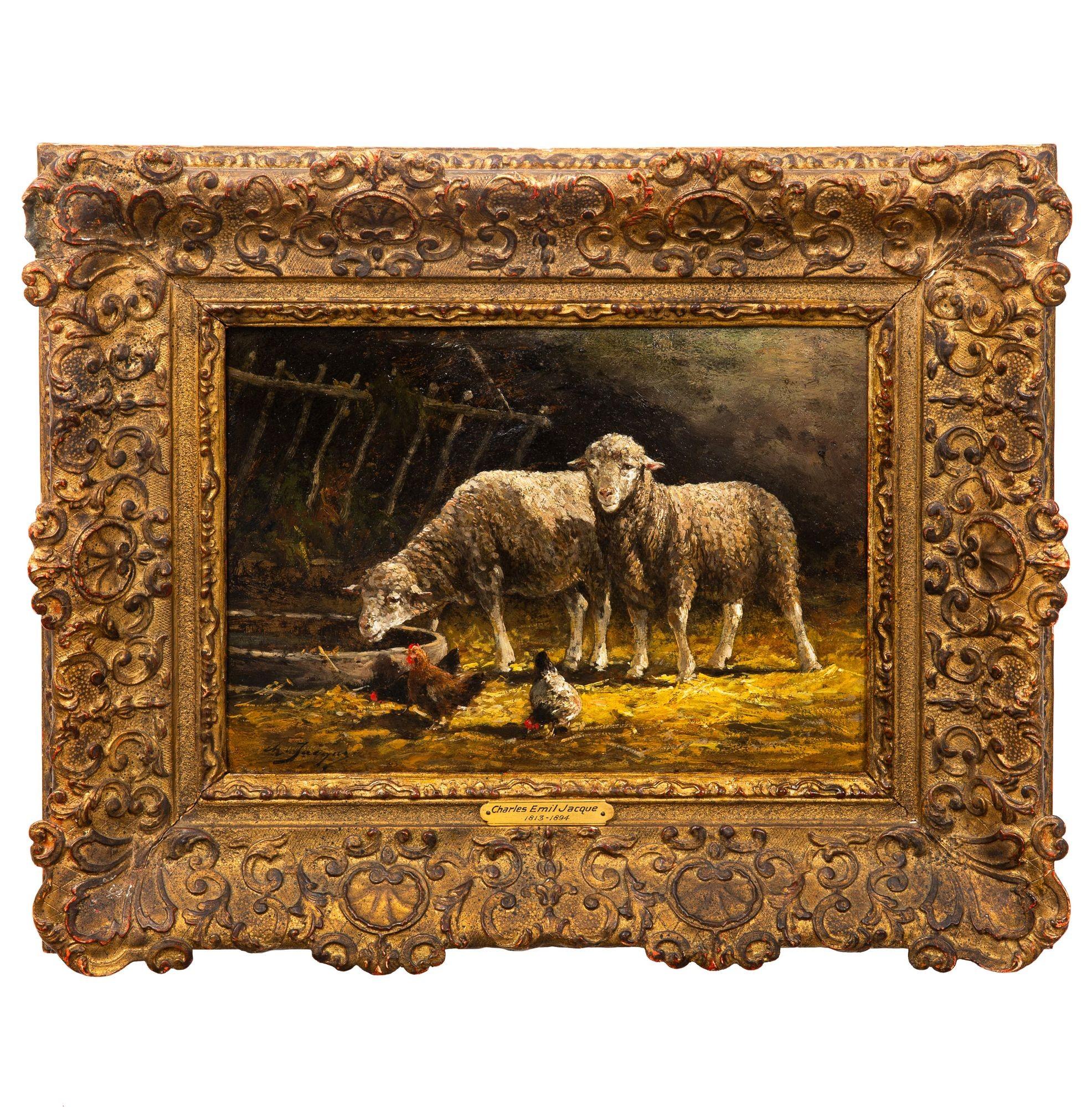 CHARLES EMILE JACQUE
French, 1813-1894)

Sheep and Chickens in a Stable

Oil on panel  signed lower left 