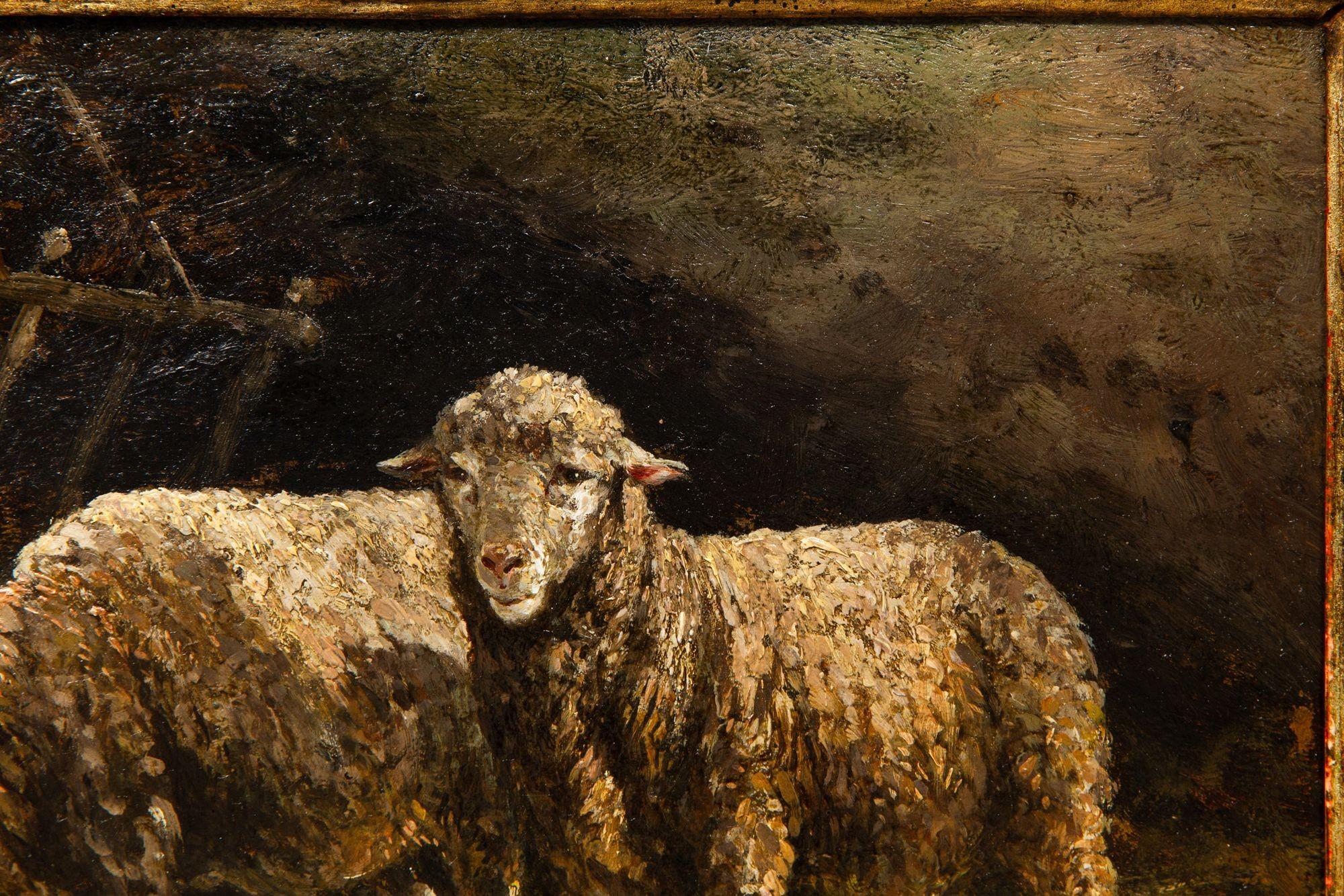 Barbizon School French Barbizon Antique Oil Painting of Sheep in Barn by Charles Emile Jacque For Sale