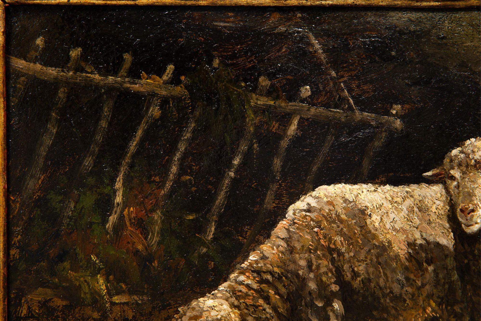 Hand-Painted French Barbizon Antique Oil Painting of Sheep in Barn by Charles Emile Jacque For Sale