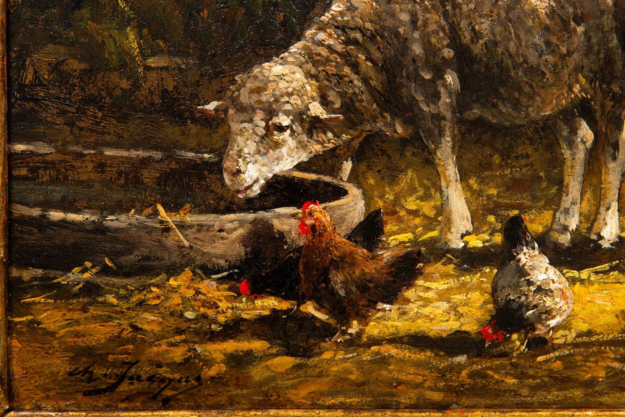 French Barbizon Antique Oil Painting of Sheep in Barn by Charles Emile Jacque In Good Condition For Sale In Shippensburg, PA