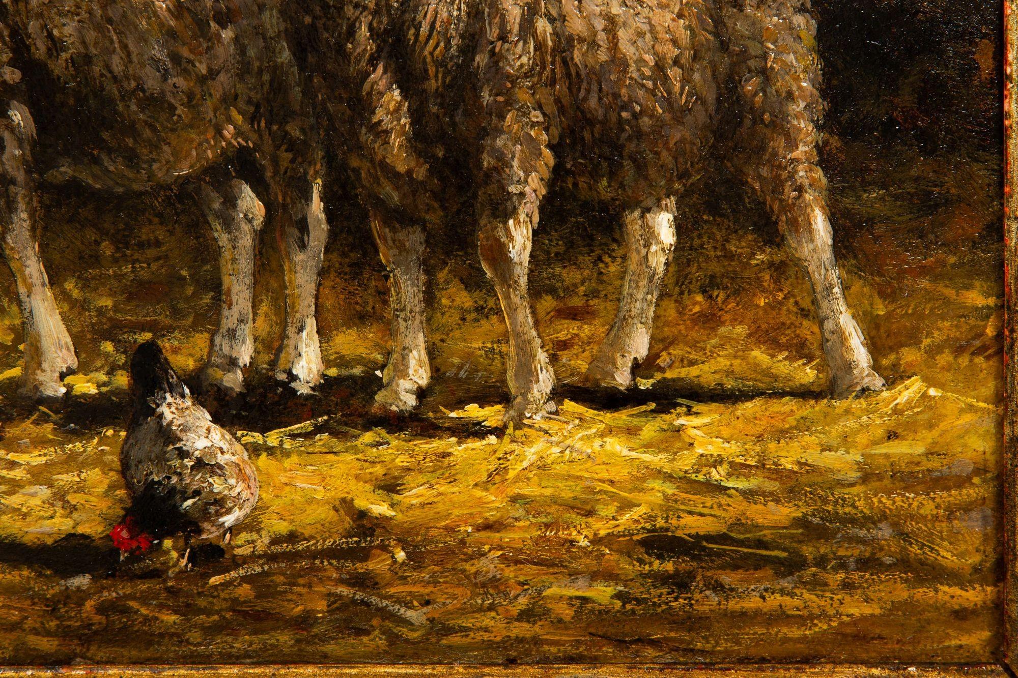 19th Century French Barbizon Antique Oil Painting of Sheep in Barn by Charles Emile Jacque For Sale